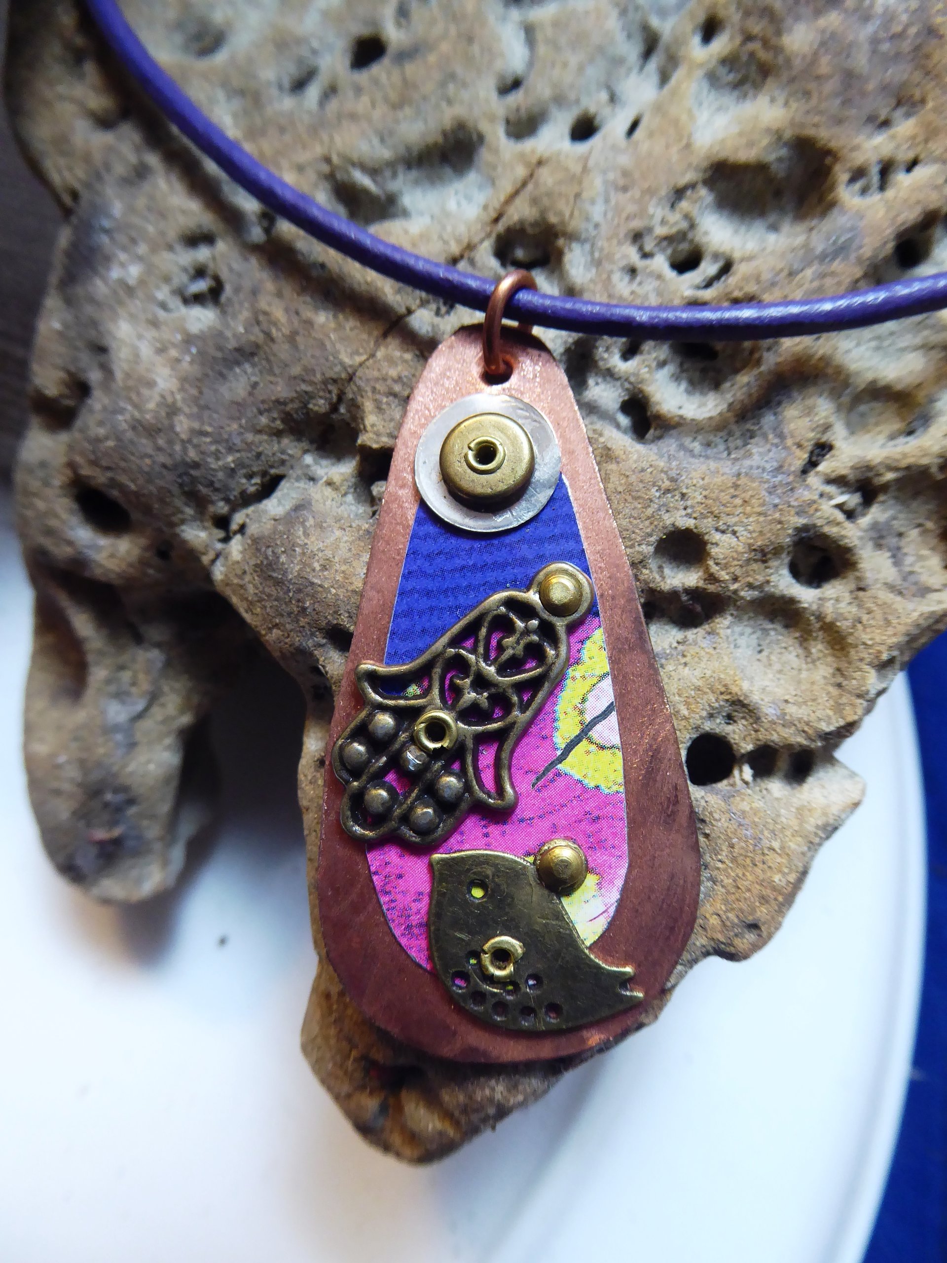 Hamsa  amulet Hand of Fatima recycled tin mixed metal spiritual pendant  bird in