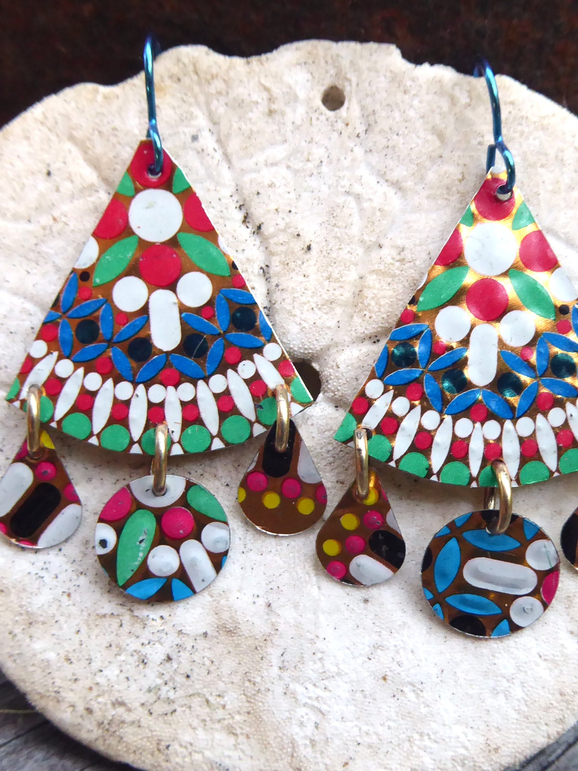 Multicolor gypsy boho recycled tin dangle earring
