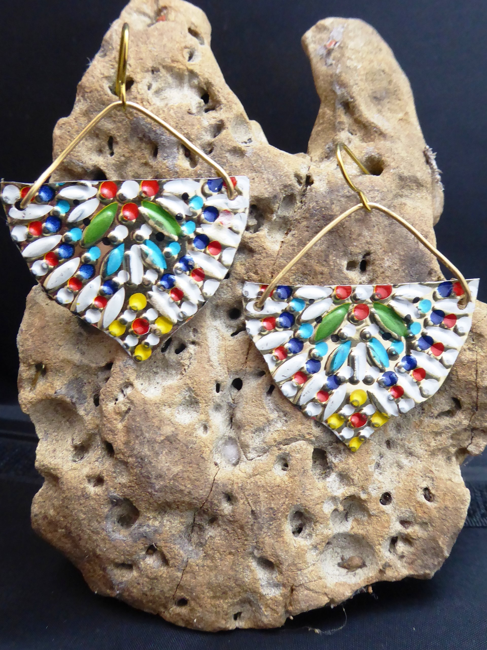 Multicolored sassy tin dangle earrings one of a kind
