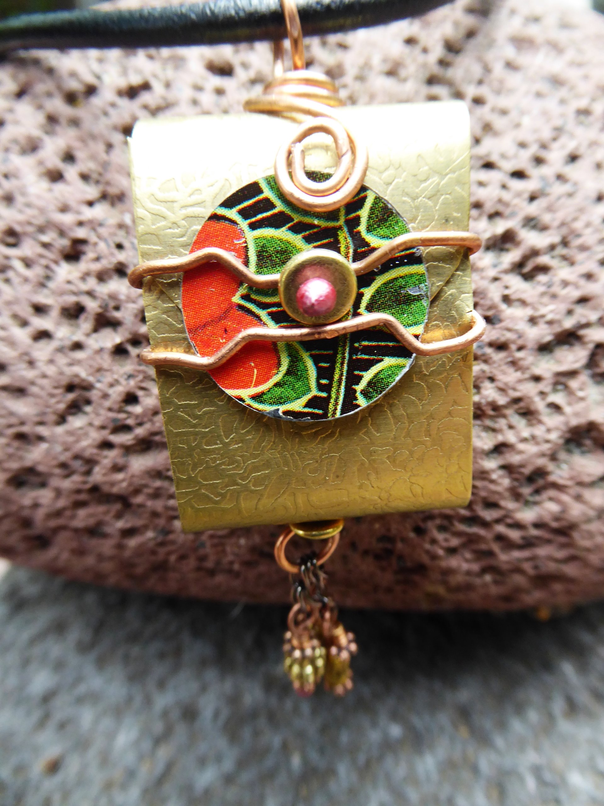 Tibetan inspired prayer pendant in brass with recycled tin word - Trust