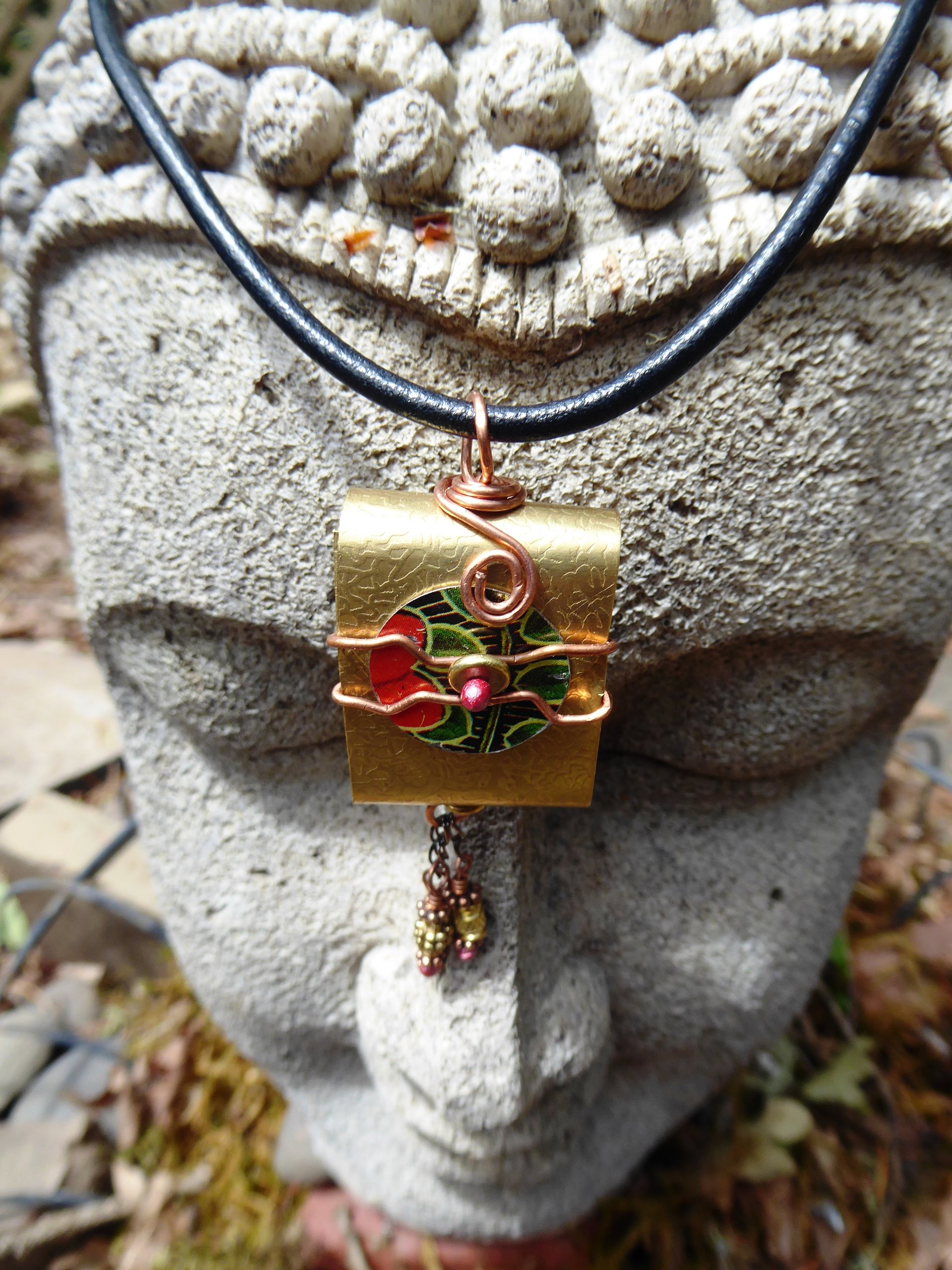 Tibetan inspired prayer pendant in brass with recycled tin word - Trust