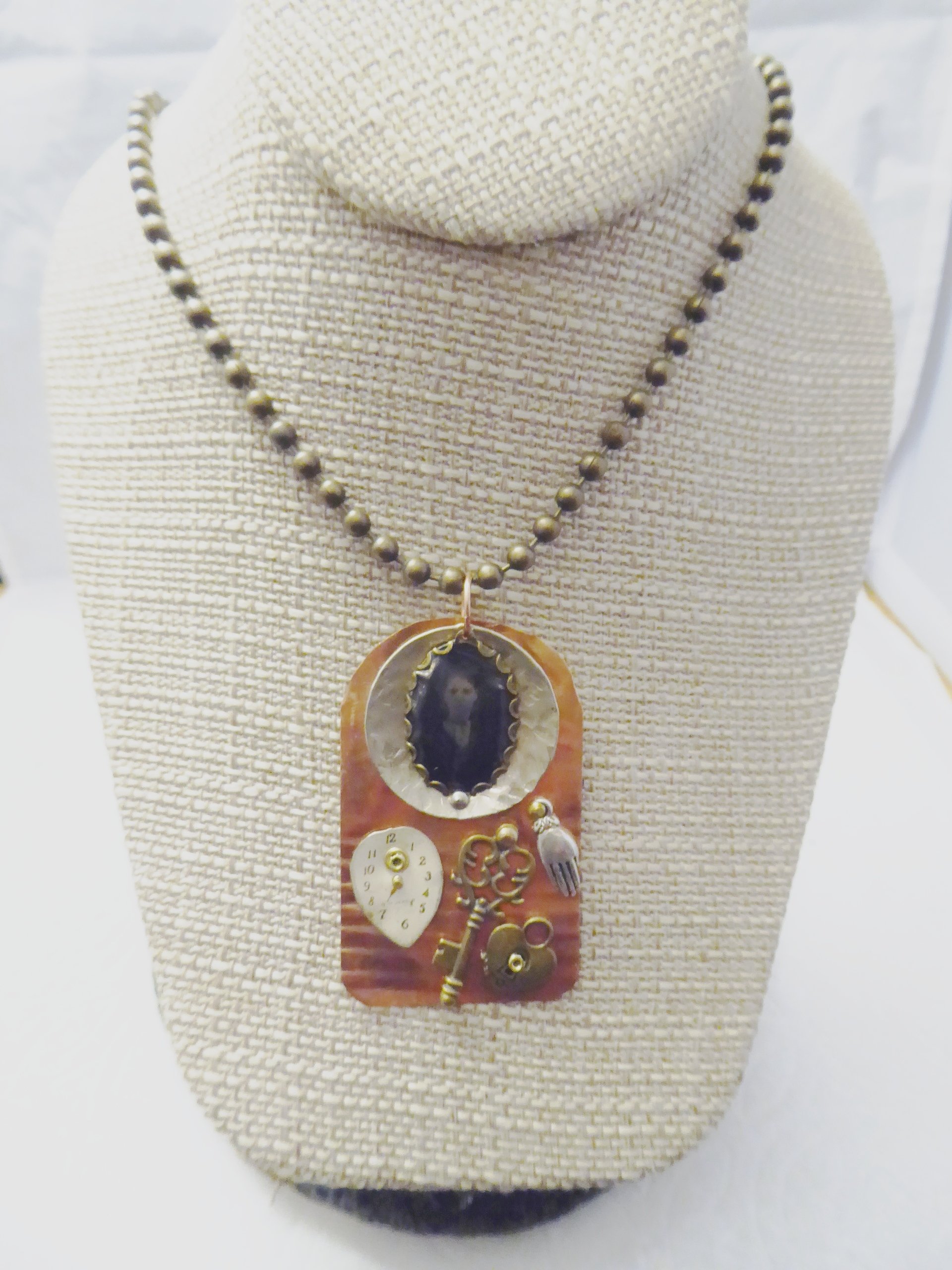 Mixed metals steampunk copper pendant with old tintype photo and charms