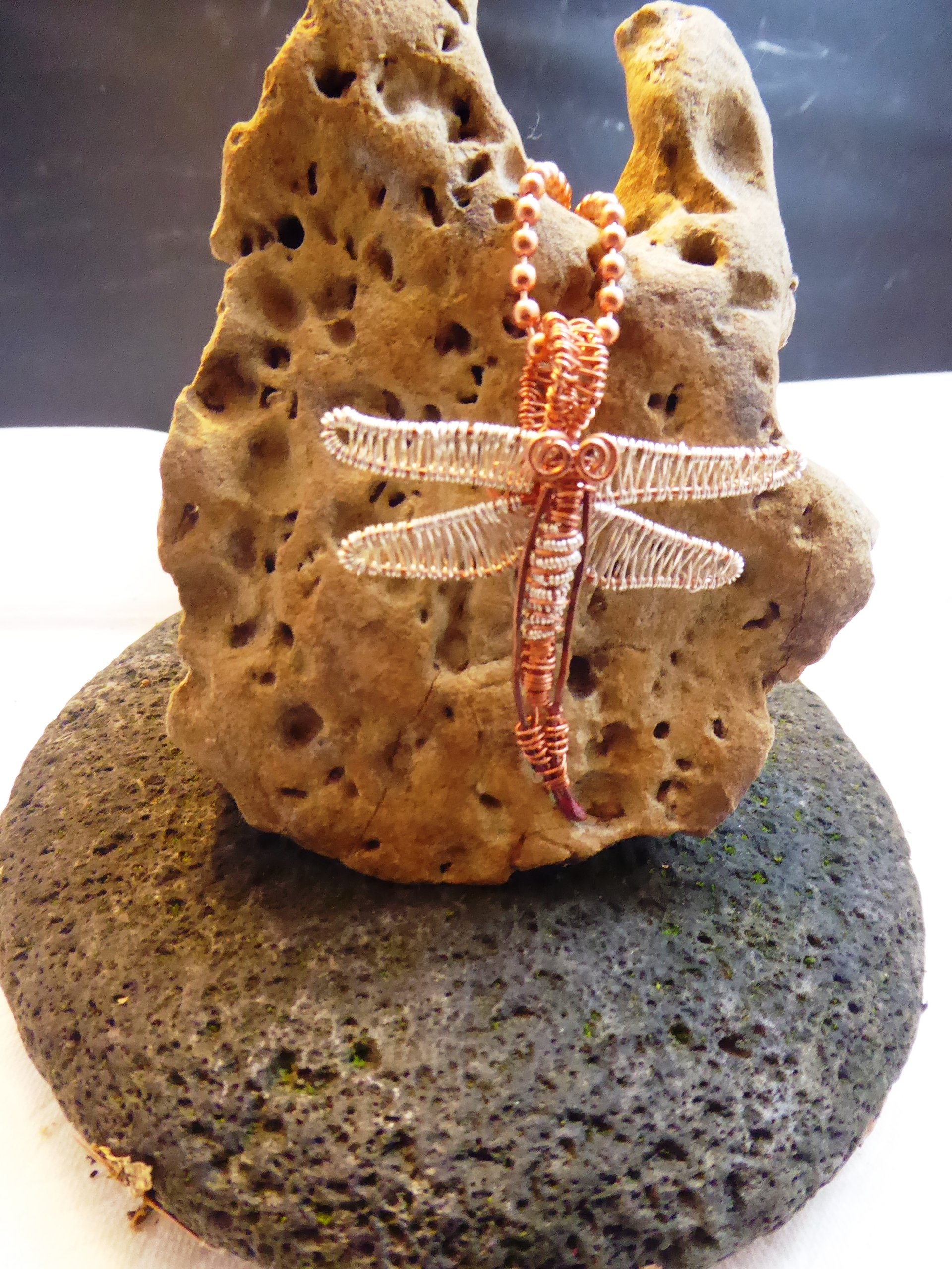 Mixed metal wire woven dragonfly pendant