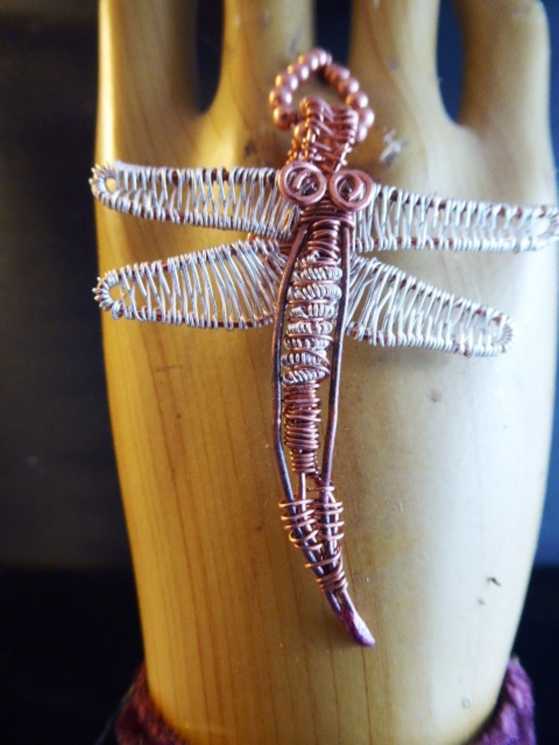 Mixed metal wire woven dragonfly pendant