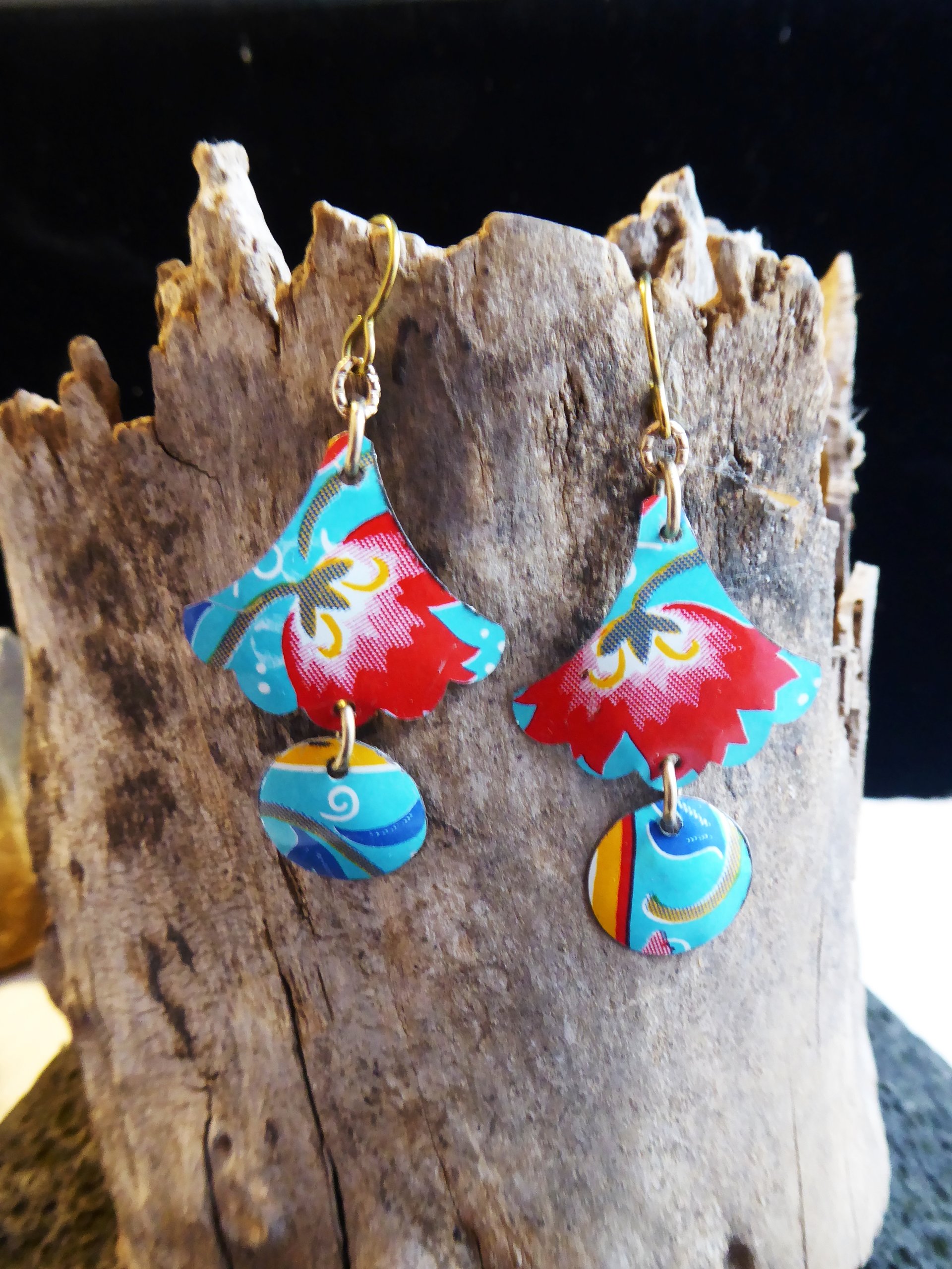 Trashy tinsel long dangle floral recycled tin earrings
