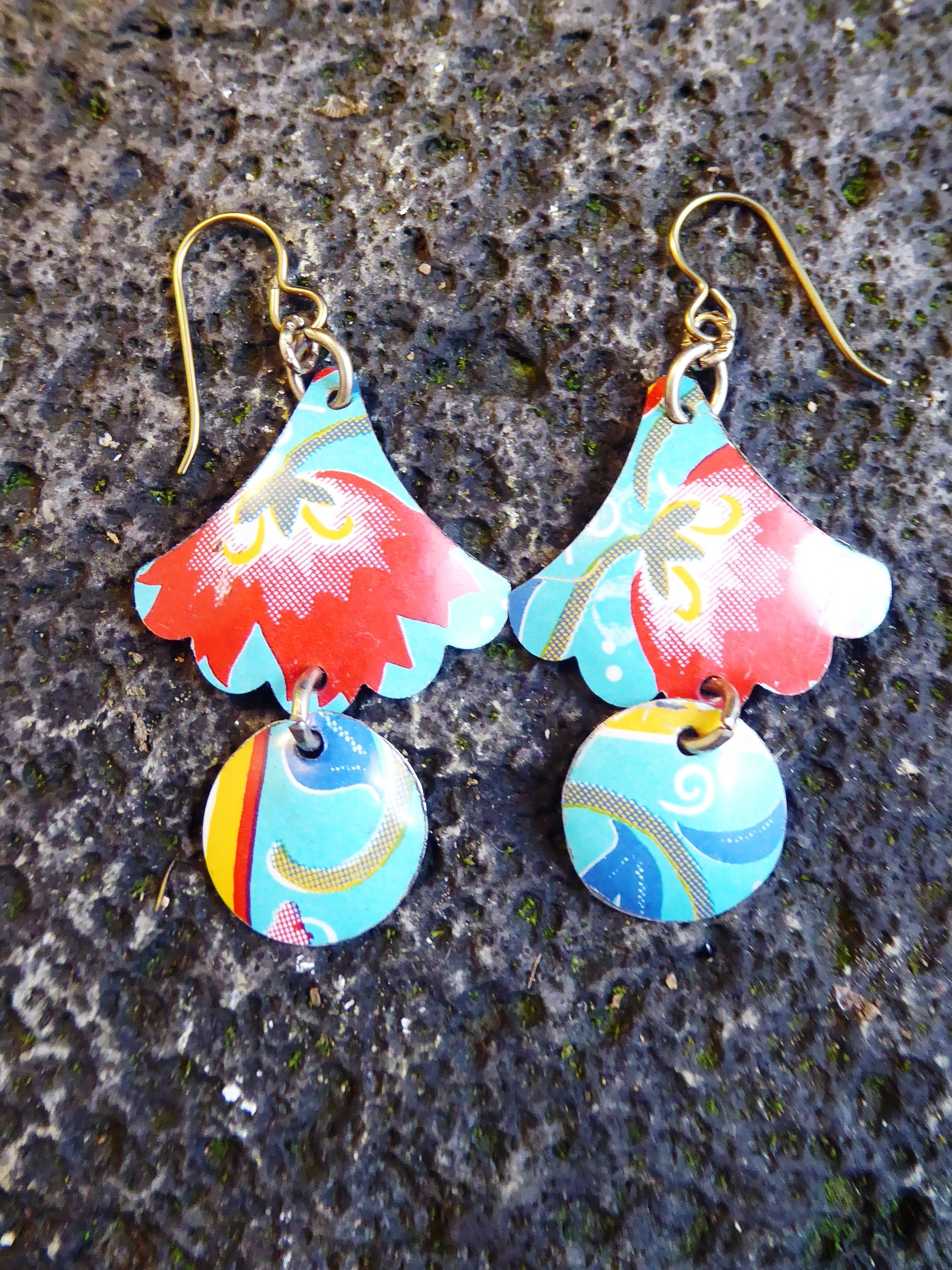 Trashy tinsel long dangle floral recycled tin earrings