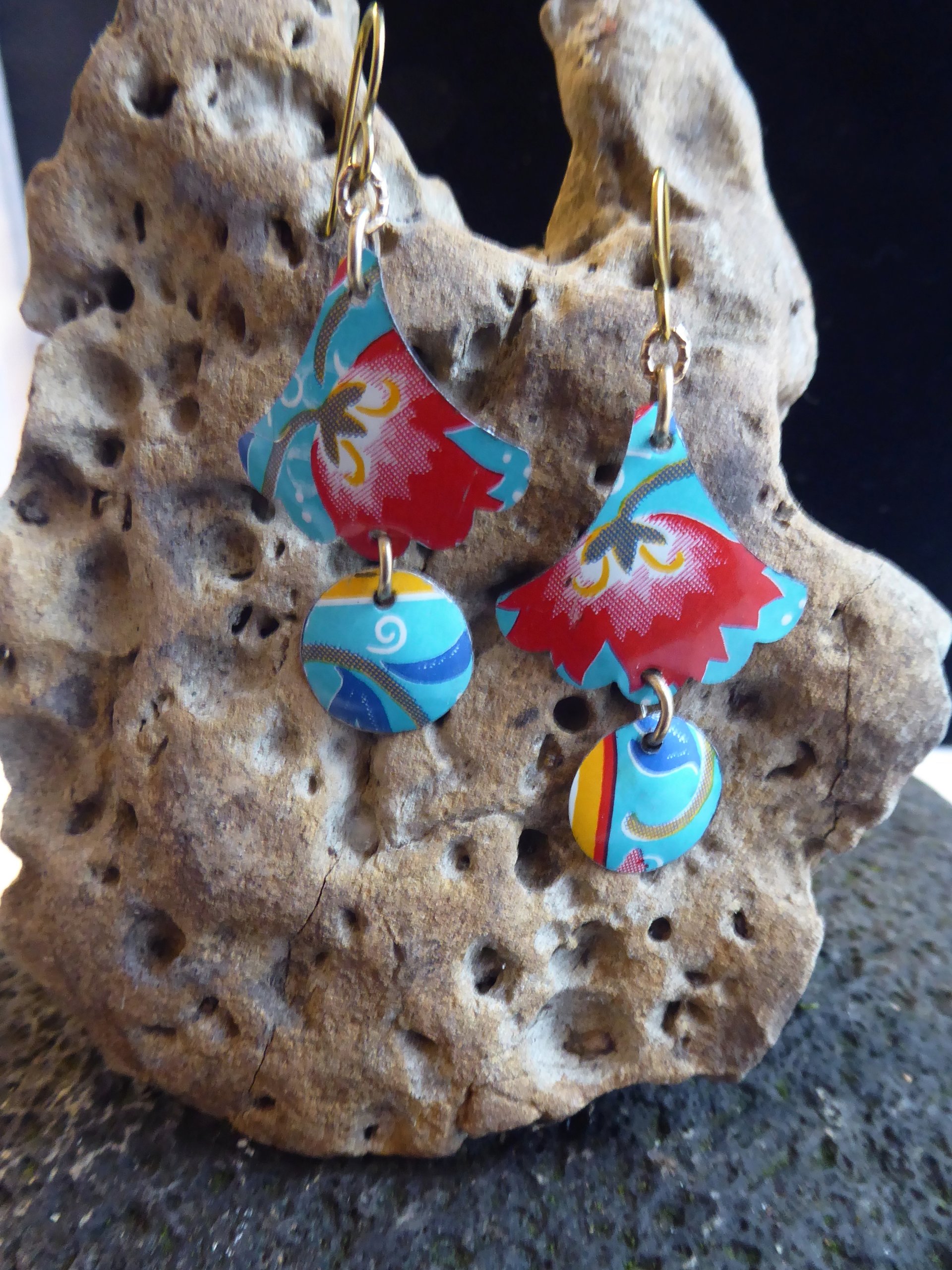 Trashy tinsel long dangle floral recycled tin earrings