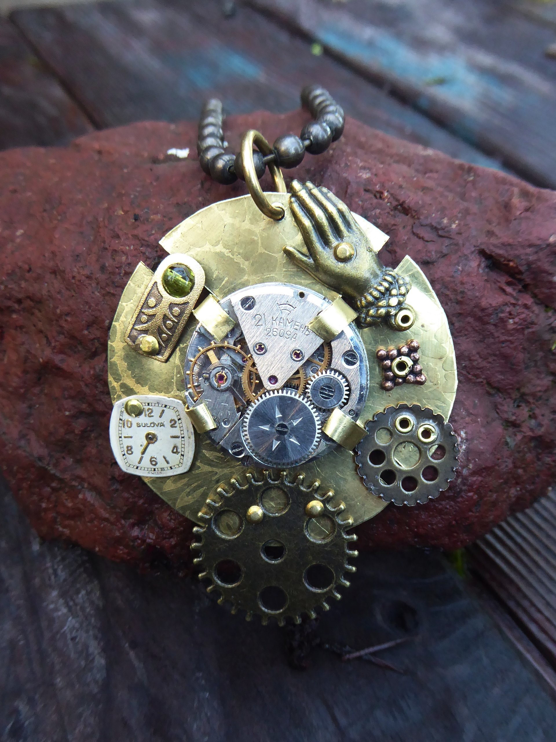 Mixed metal steampunk watchwork gear pendant