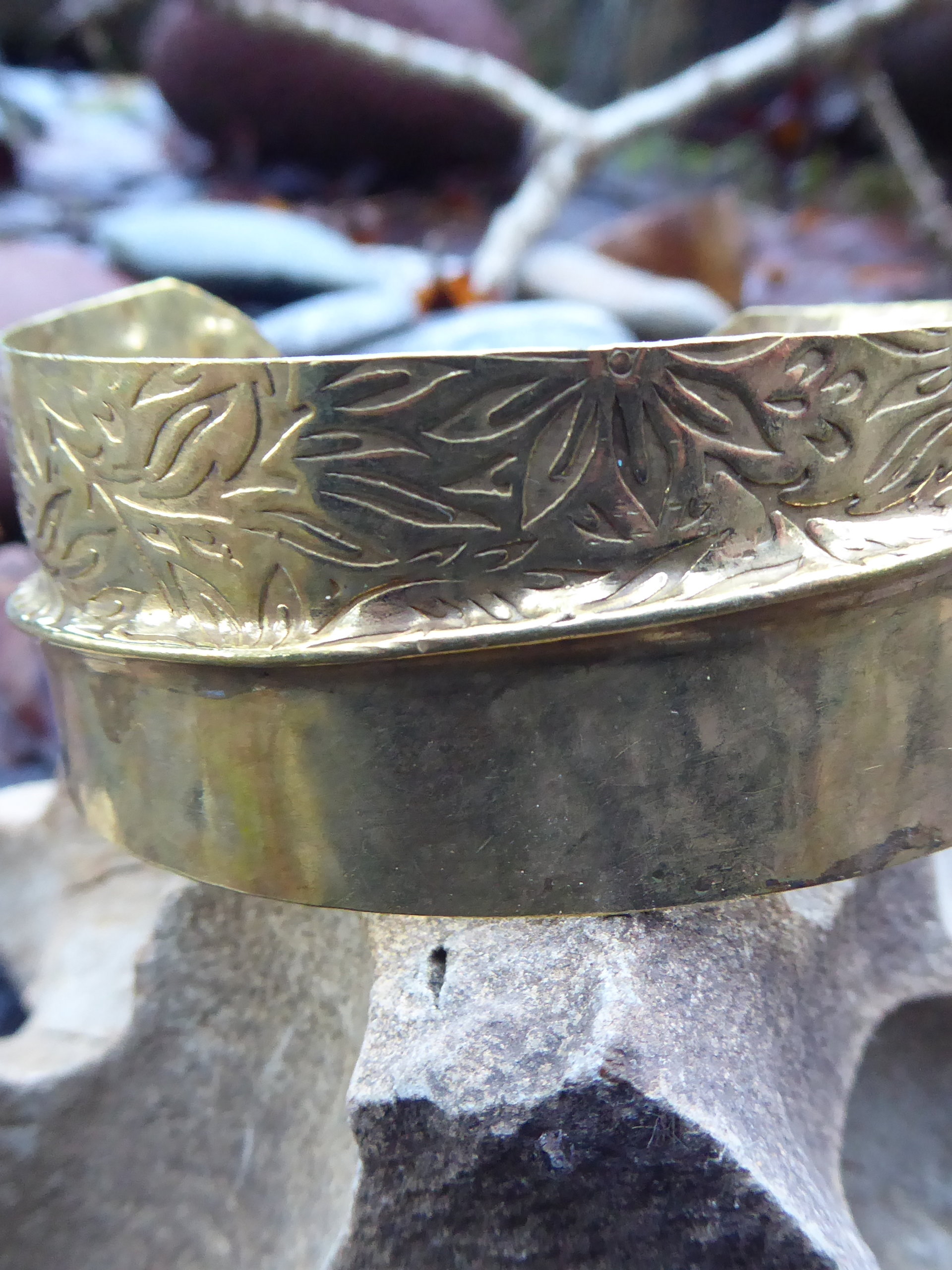 Handmade fold formed bronze cuff bracelet tribal design