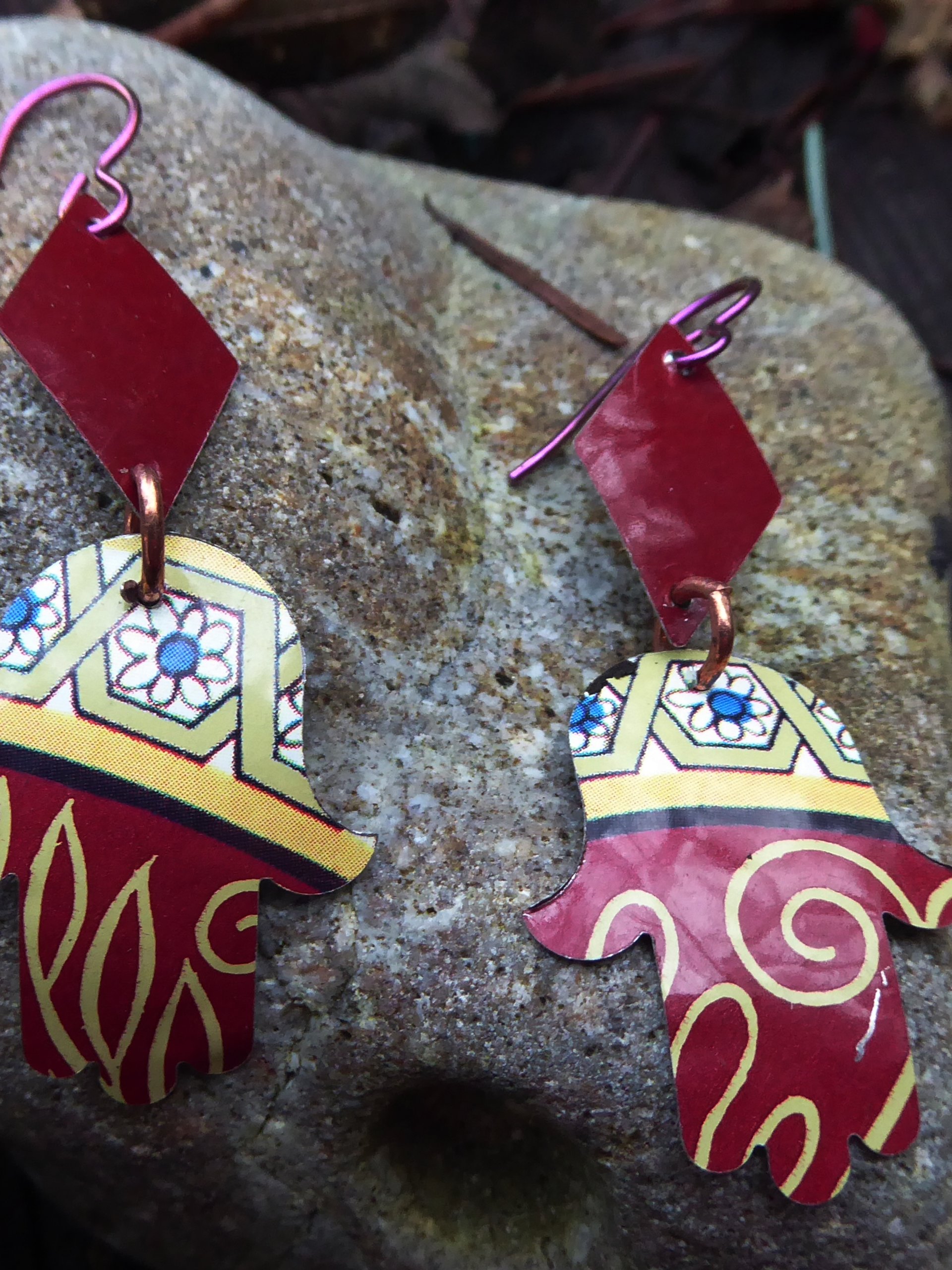 Trashy Tinsel hamsa dangle recycled tin earring