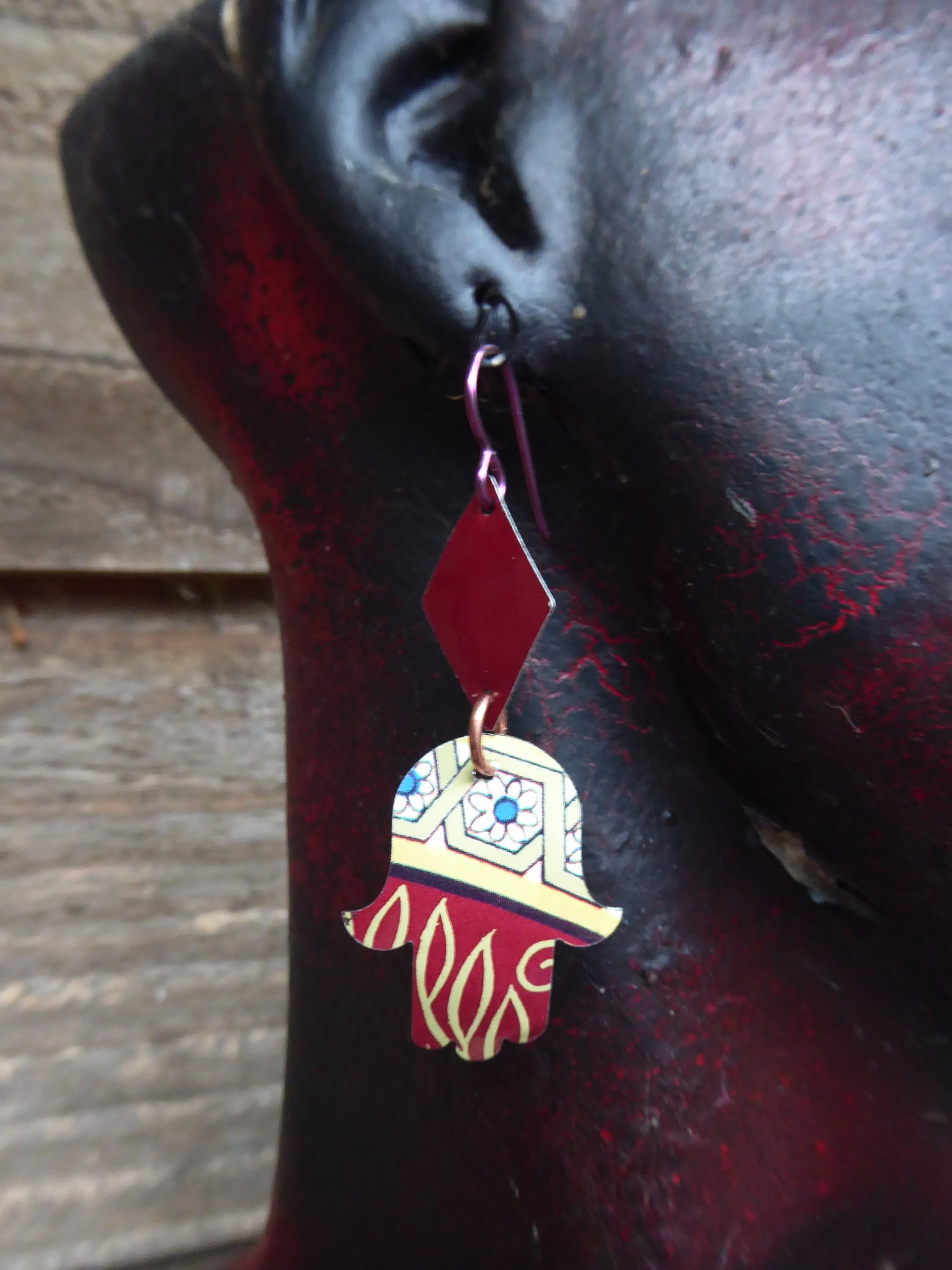 Trashy Tinsel hamsa dangle recycled tin earring