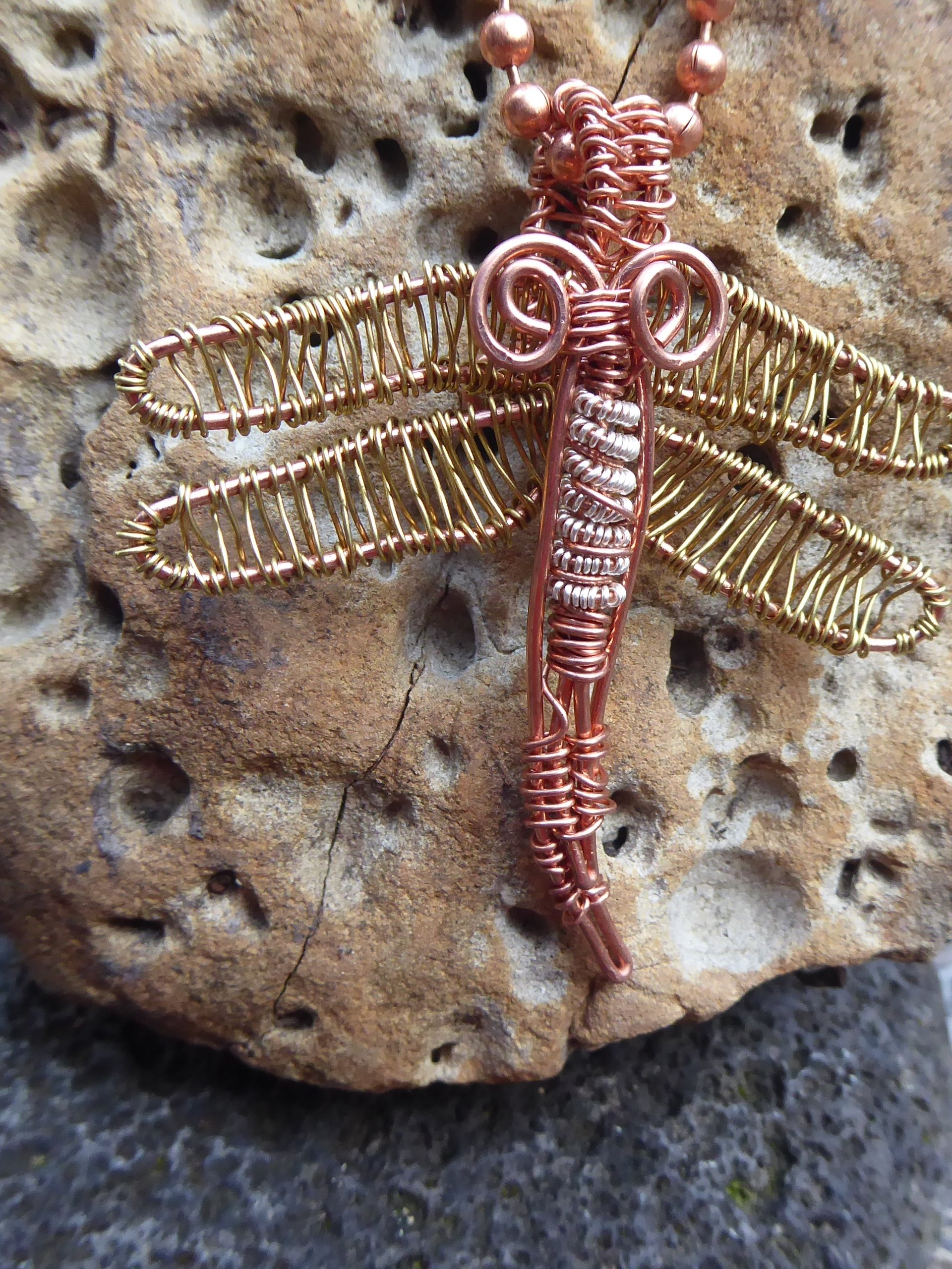 Handmade wire wrap nugold winged dragonfly pendant- Insight
