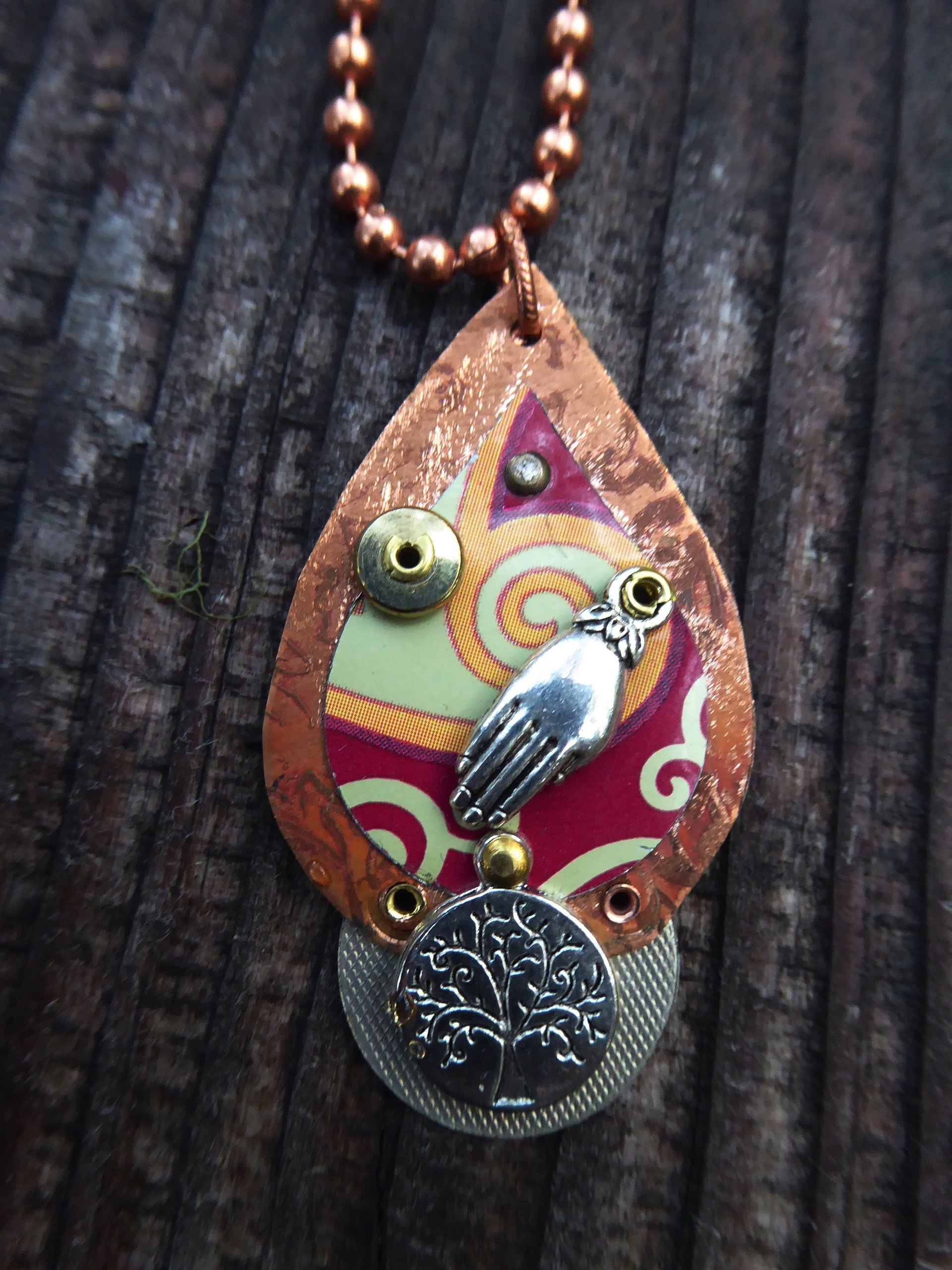 Upcycled trashy tin pendant mixed metal copper charms