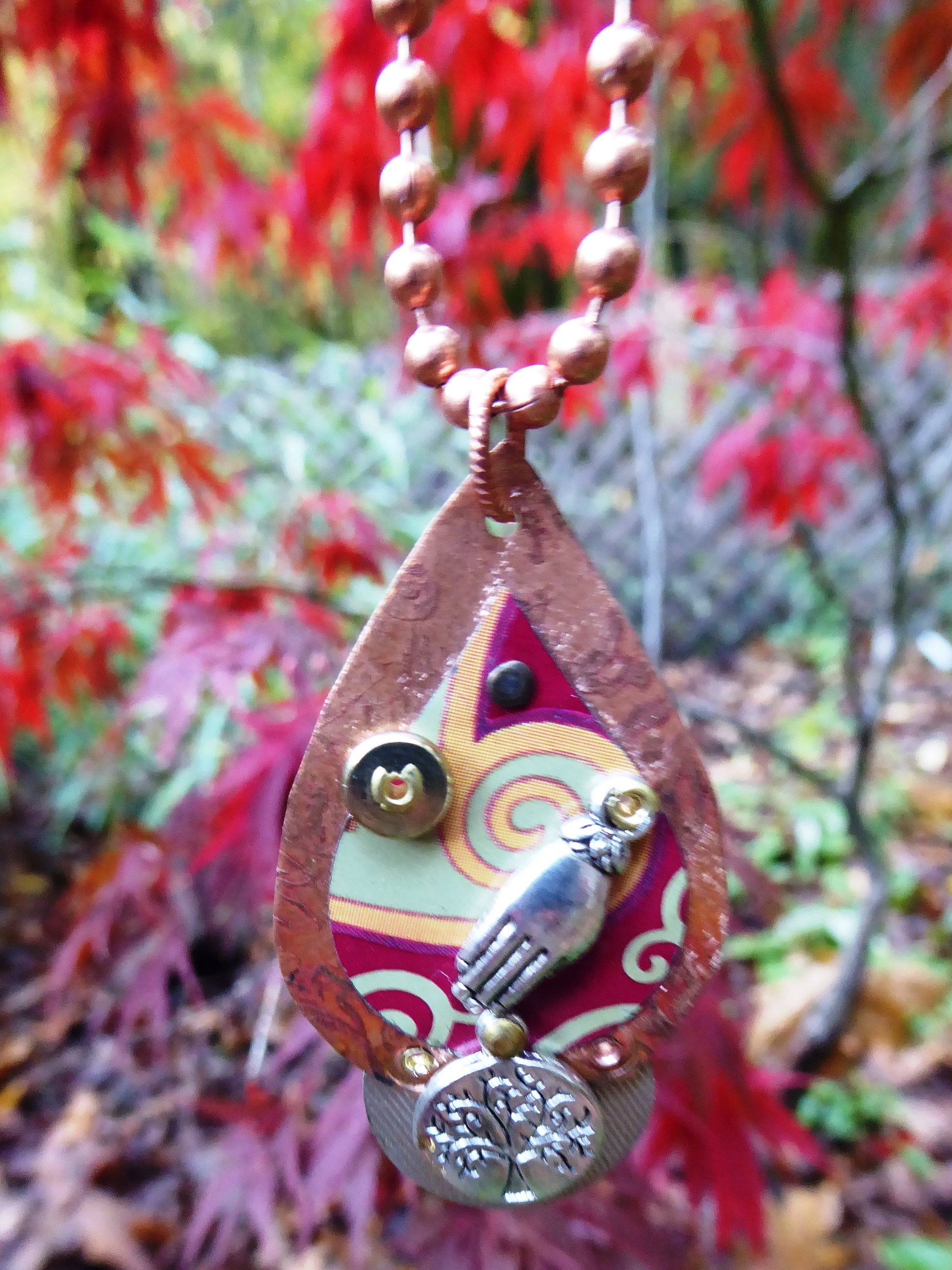 Upcycled trashy tin pendant mixed metal copper charms