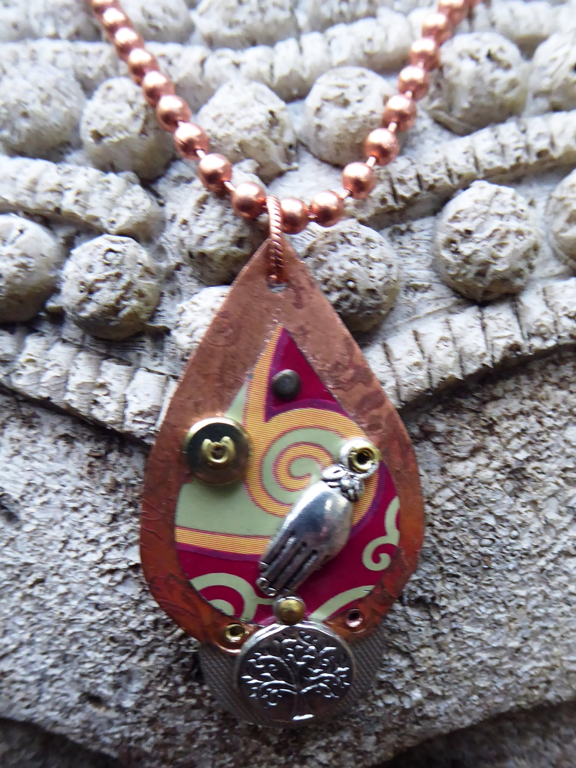 Upcycled trashy tin pendant mixed metal copper charms
