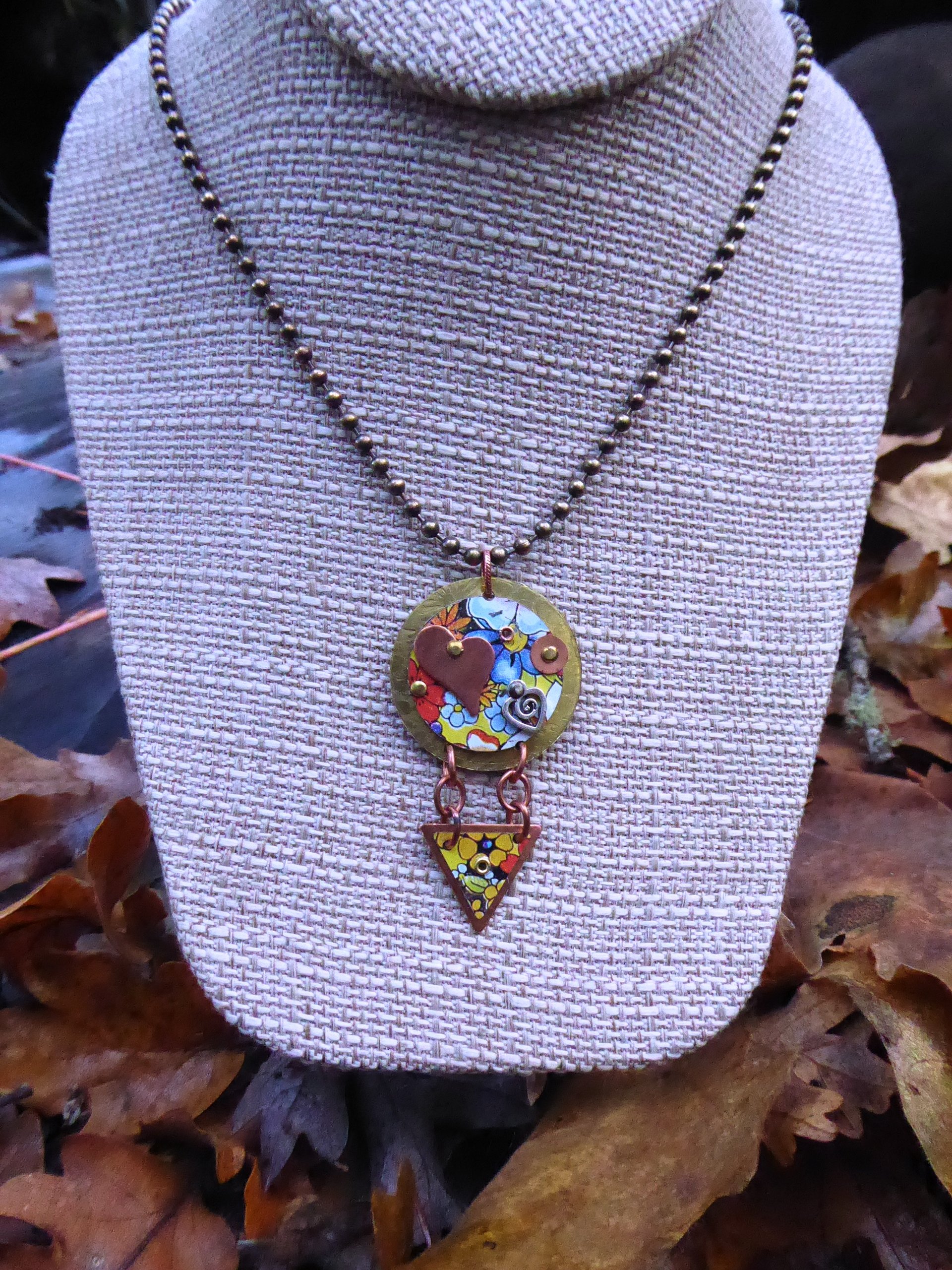 Vintage flower tin pendant heart love mixed metals