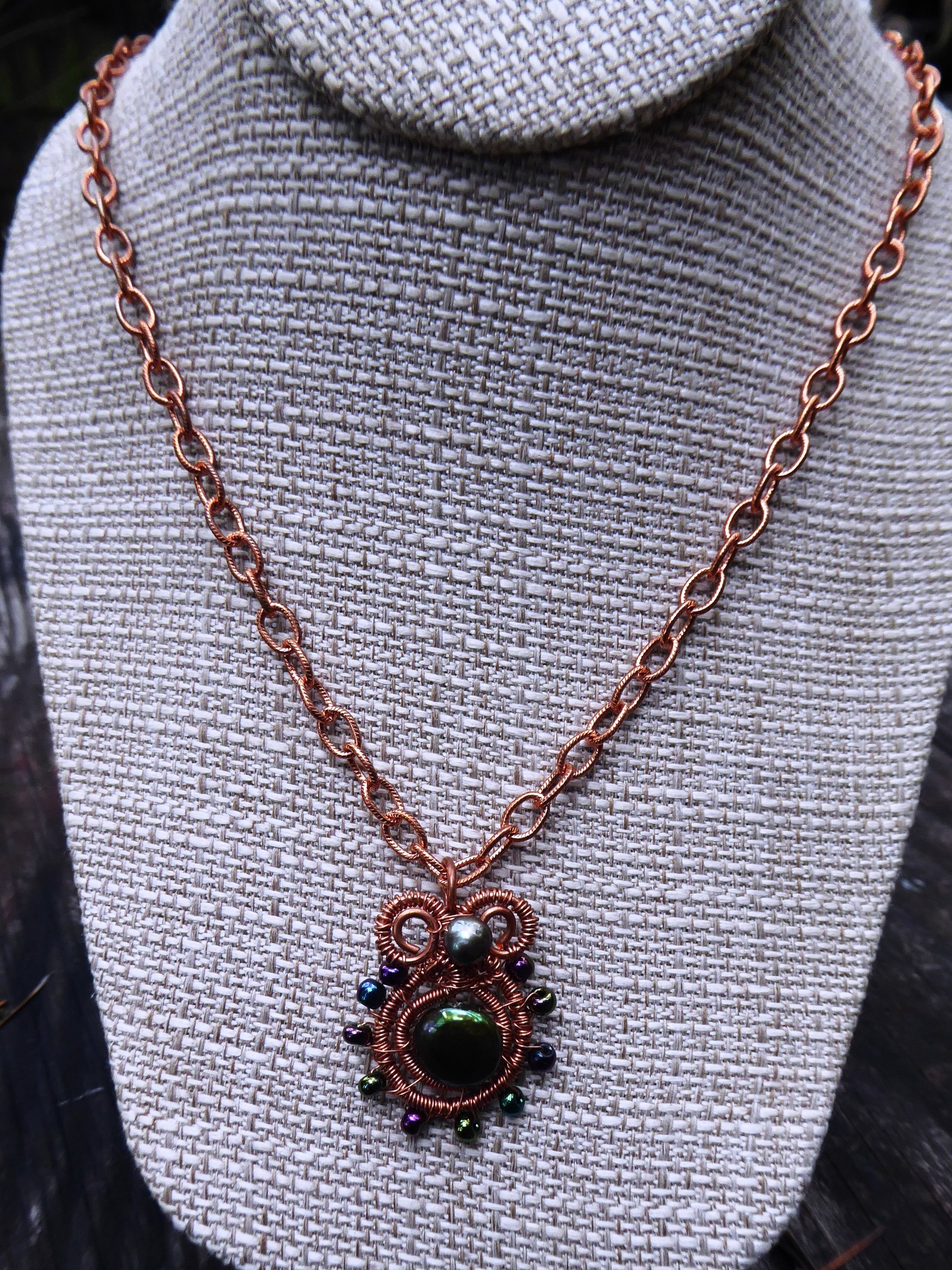 Copper and fresh water pearls in green tones pendant Pearly Girl