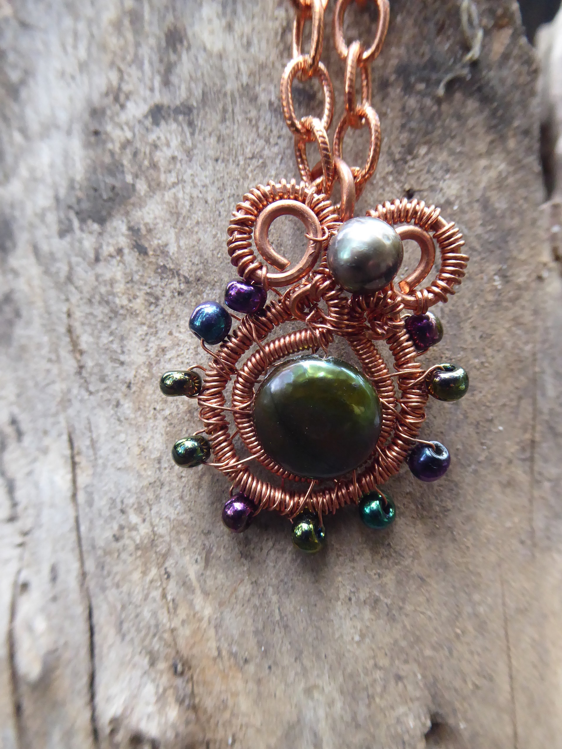 Copper and fresh water pearls in green tones pendant Pearly Girl