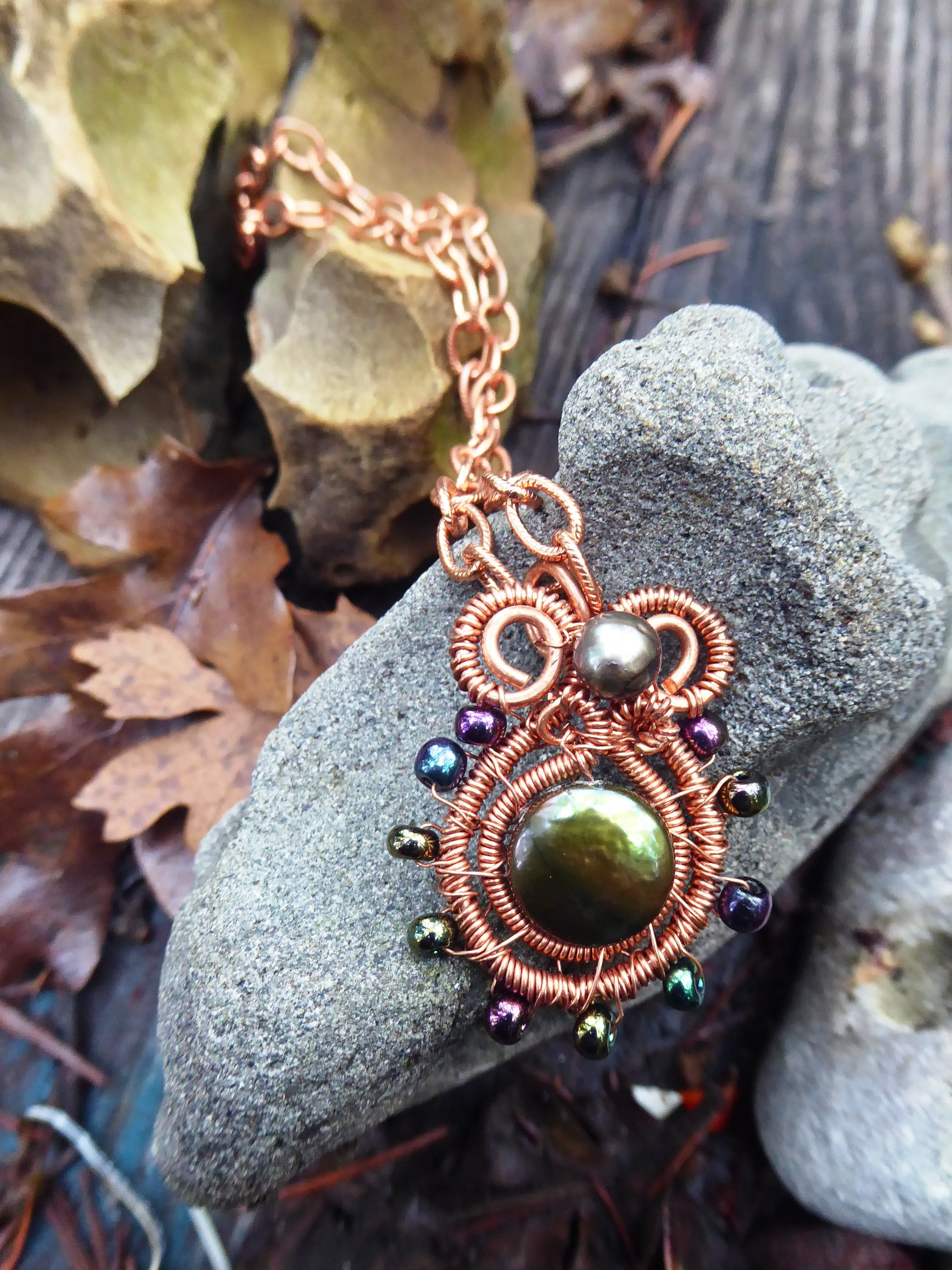 Copper and fresh water pearls in green tones pendant Pearly Girl