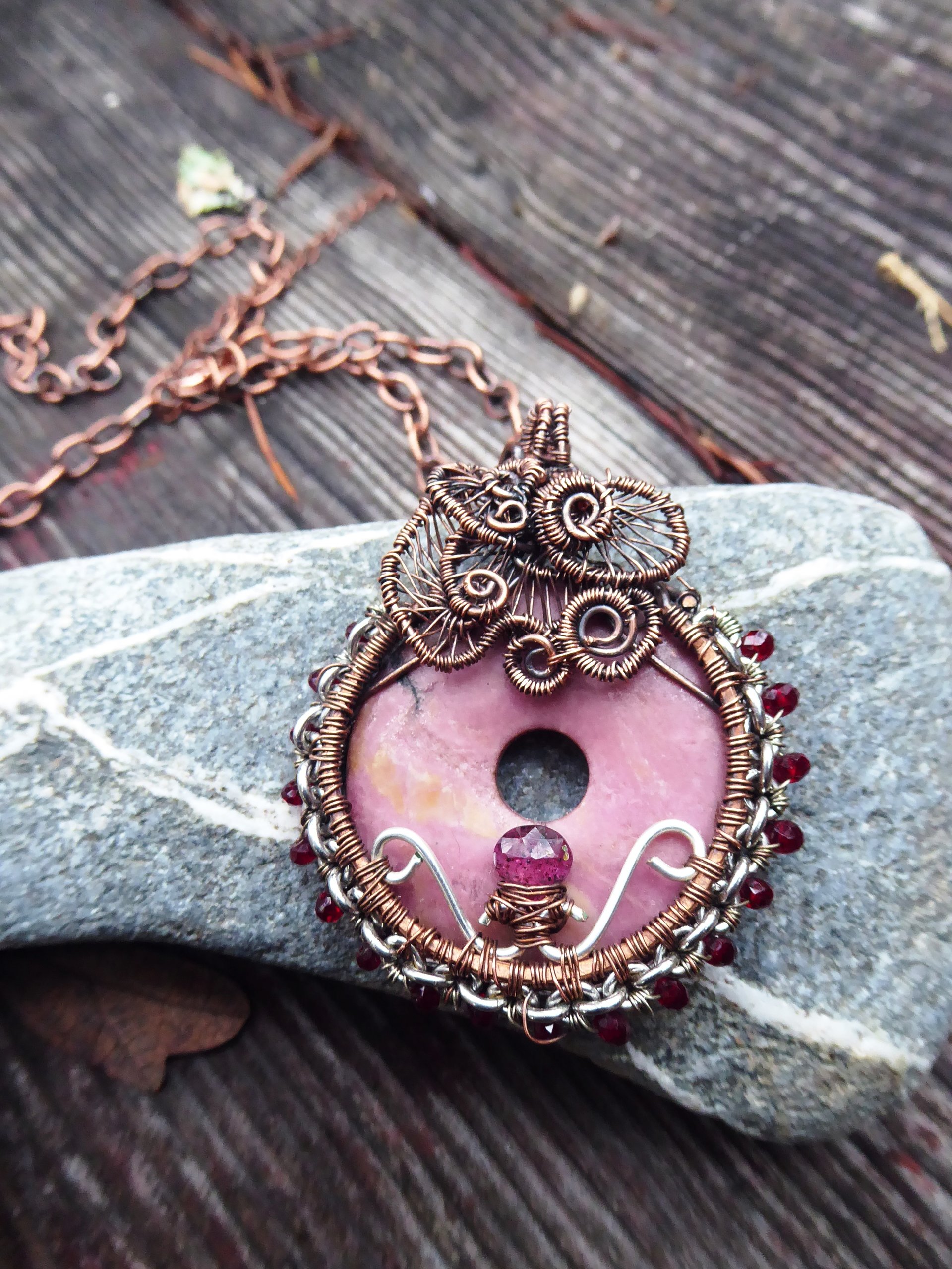 Bold and sassy rhodonite mixed metal donut pendant