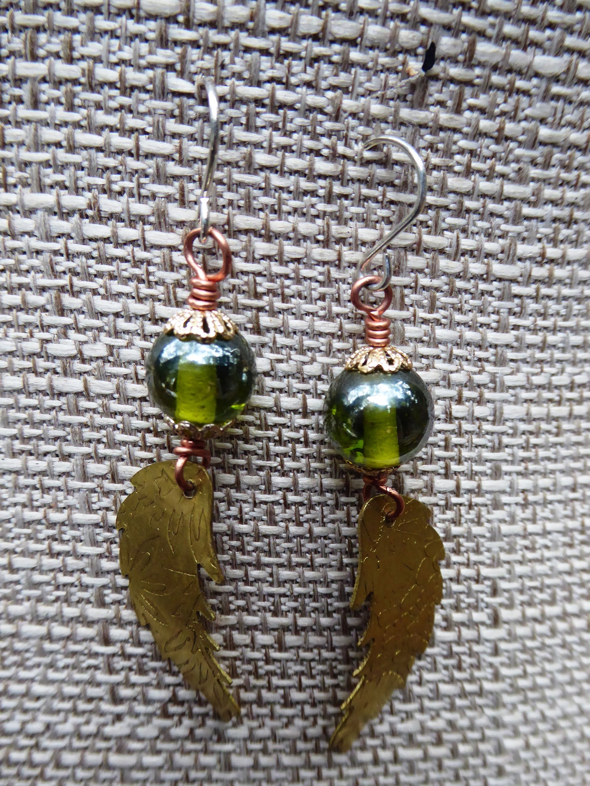 Bead and feather brass dangle earrings