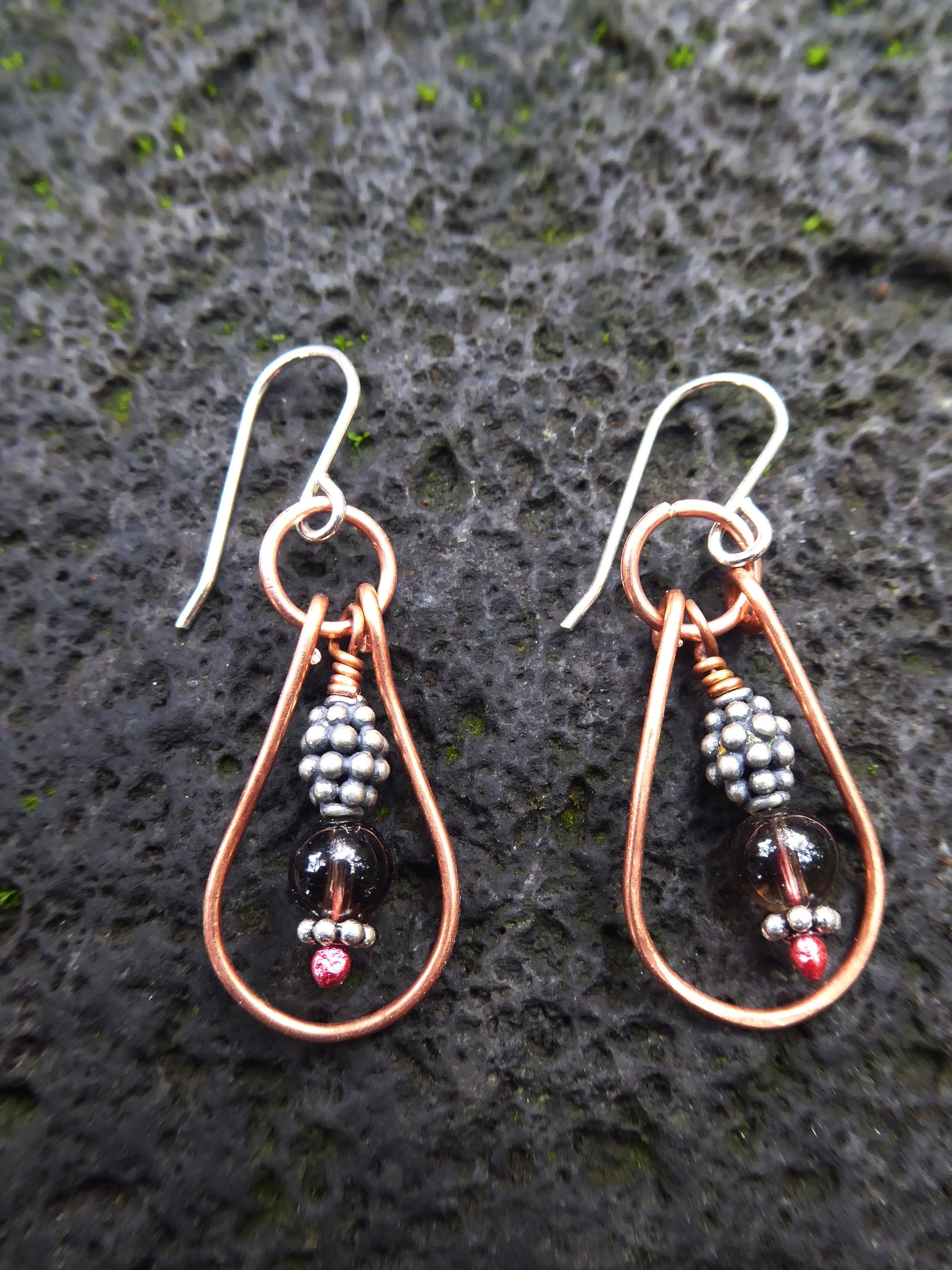 Smoky quartz gemstone and copper dangle hoop earring