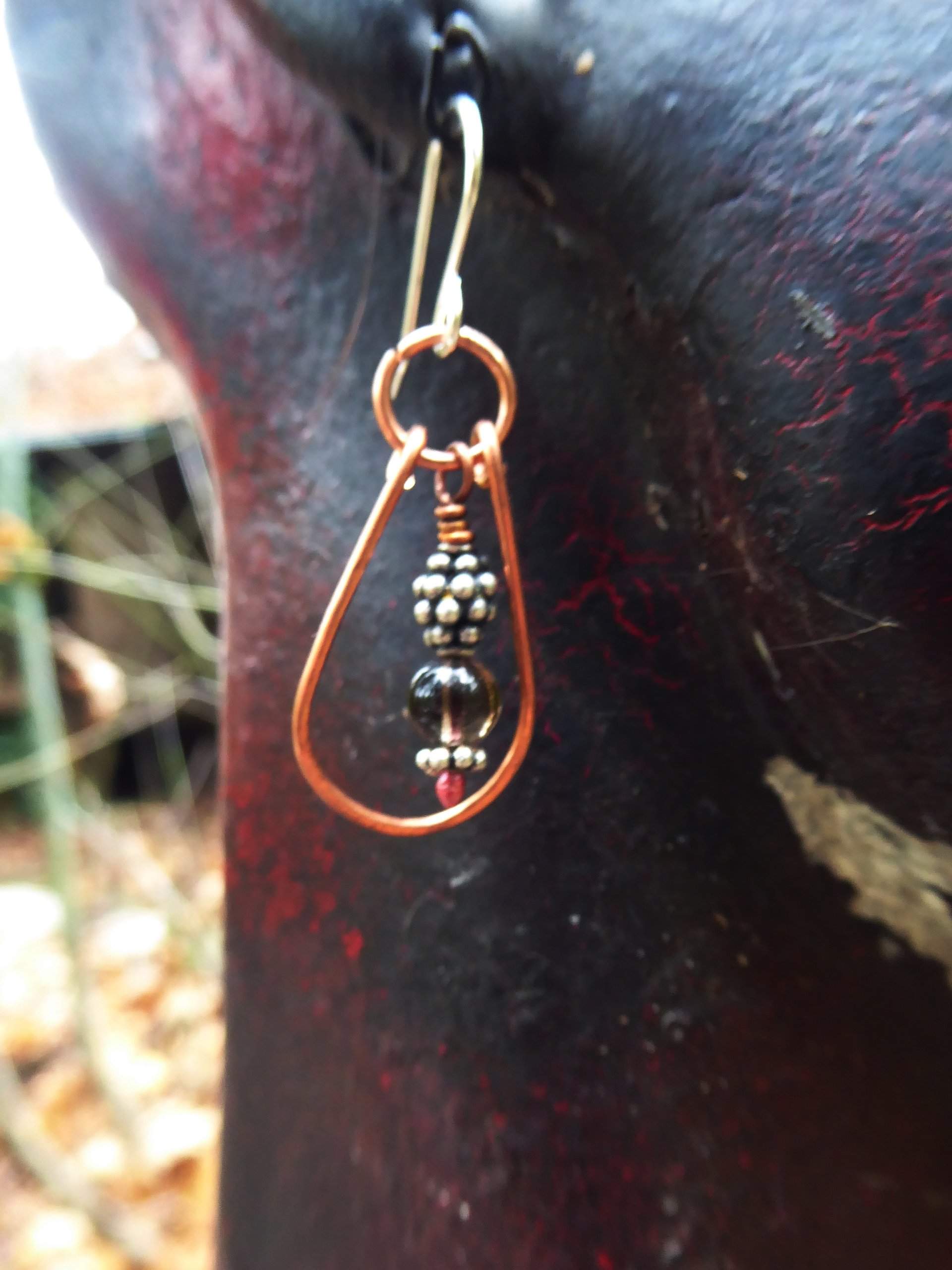 Smoky quartz gemstone and copper dangle hoop earring