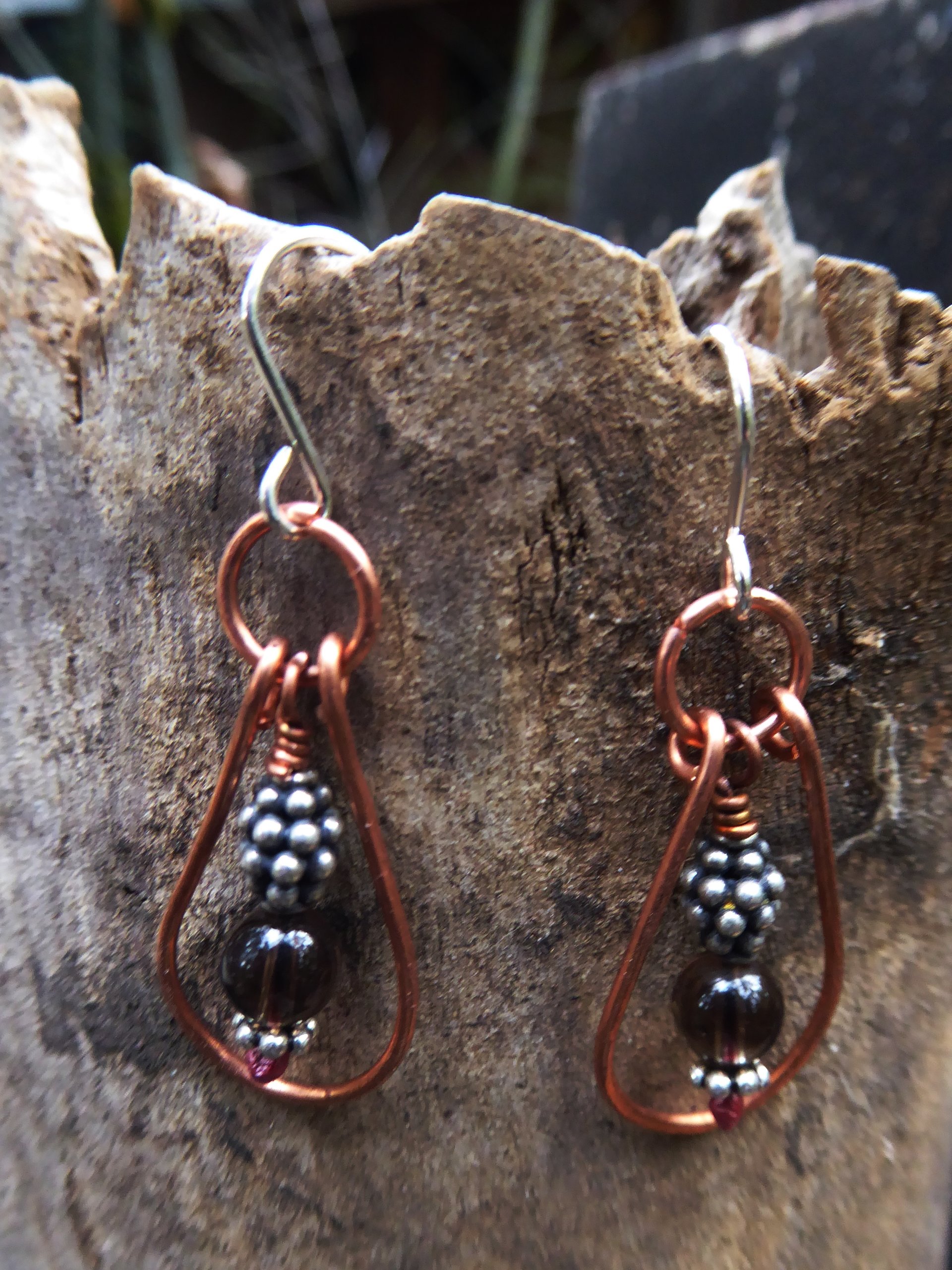 Smoky quartz gemstone and copper dangle hoop earring