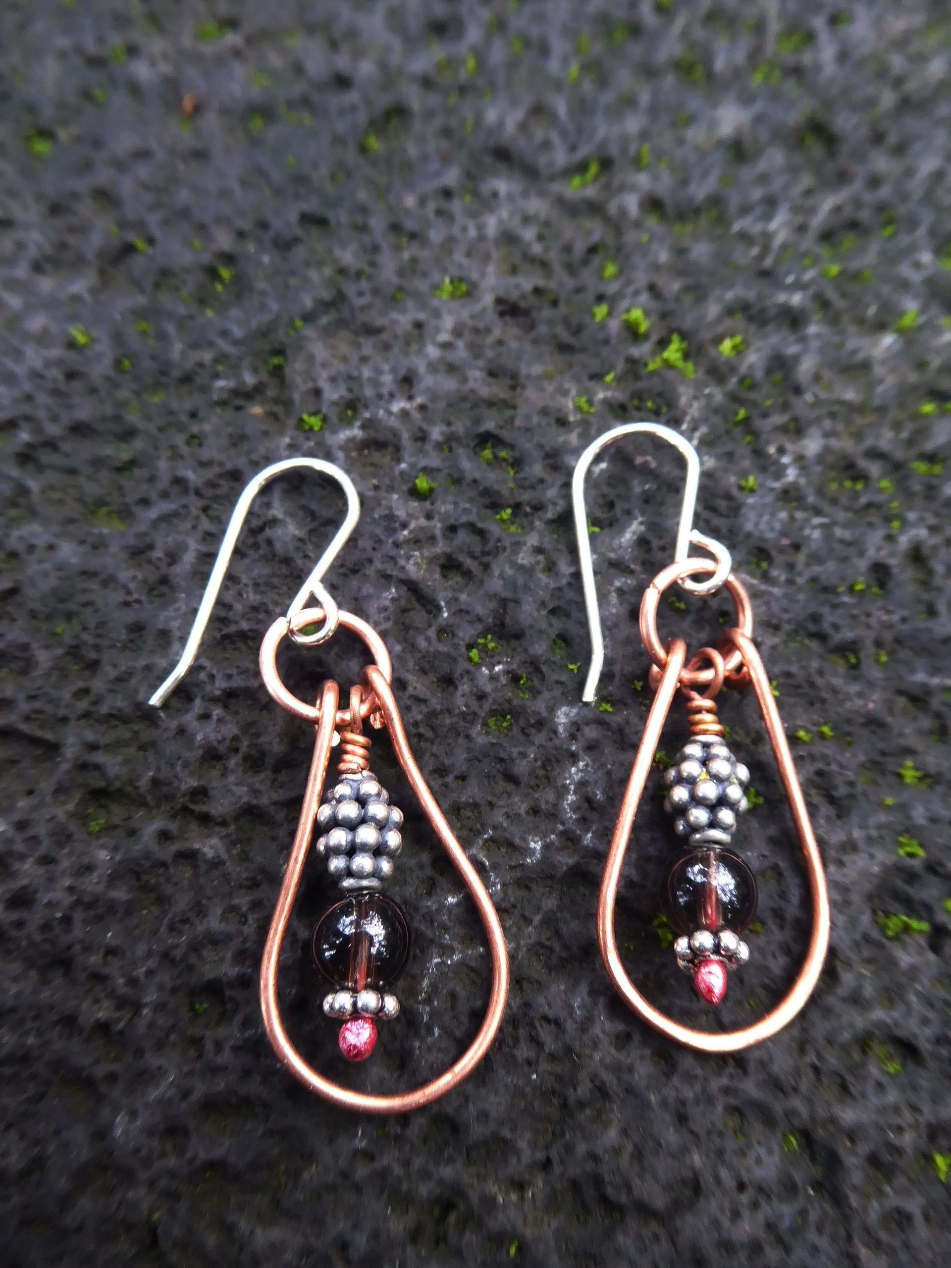Smoky quartz gemstone and copper dangle hoop earring