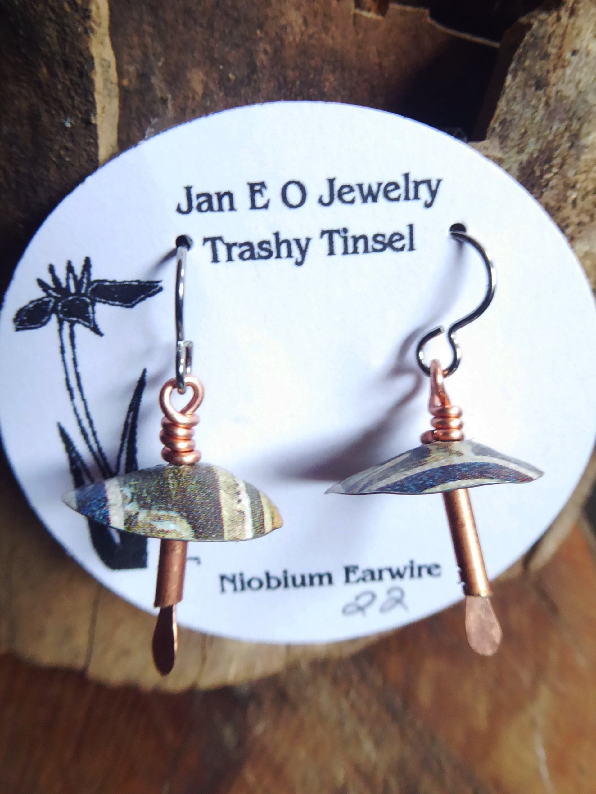 Recycled vintage tin and copper mixed metal dangle boho mushroom earrings