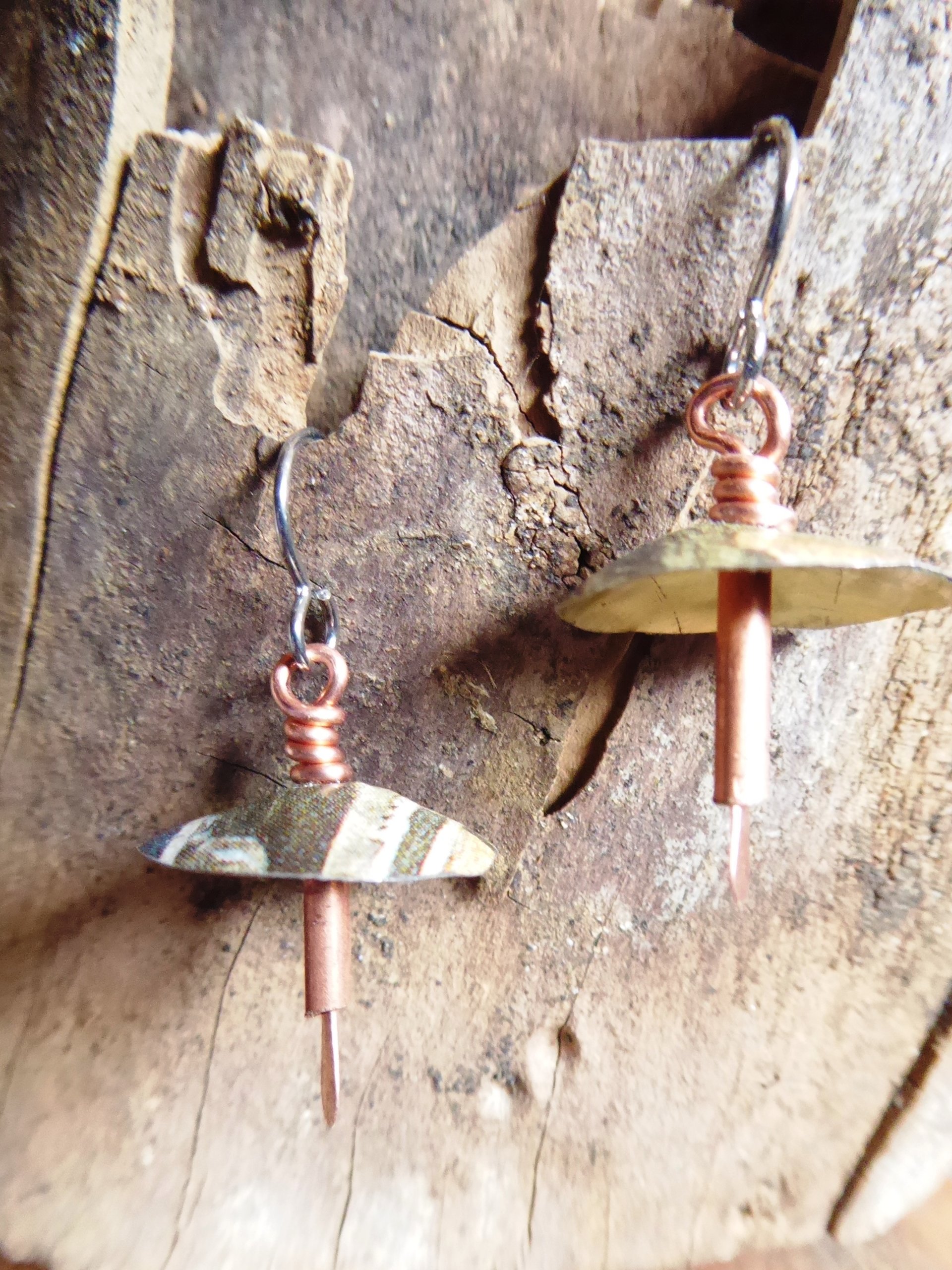 Recycled vintage tin and copper mixed metal dangle boho mushroom earrings