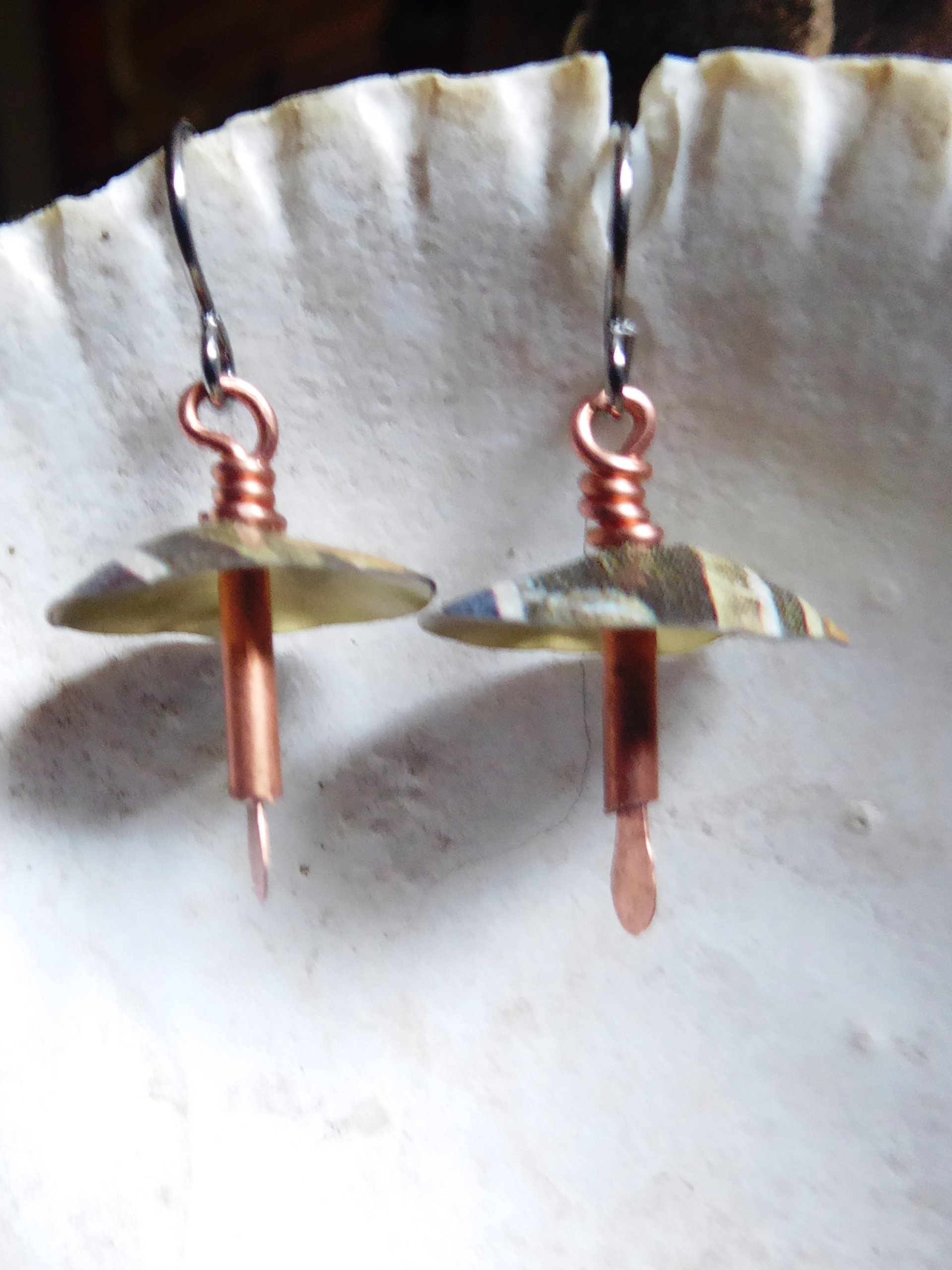 Recycled vintage tin and copper mixed metal dangle boho mushroom earrings