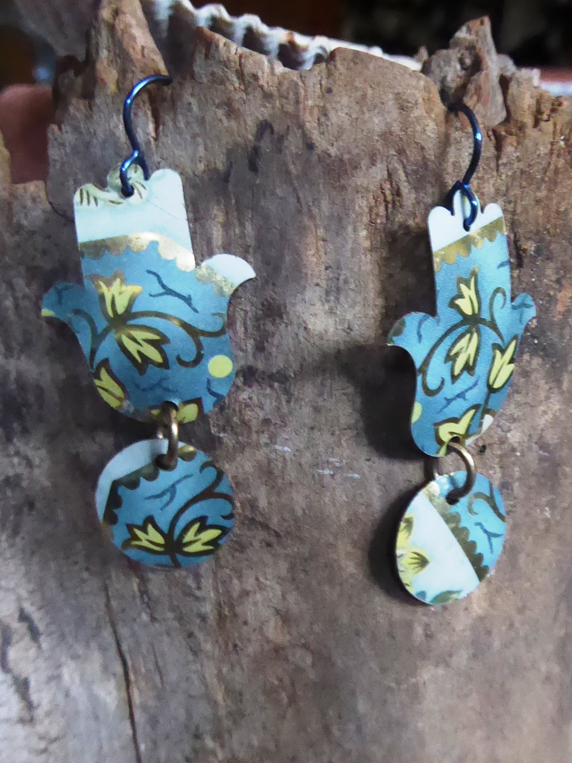 Hamsa dangle earrings from recycled tea tin with niobium ear wire