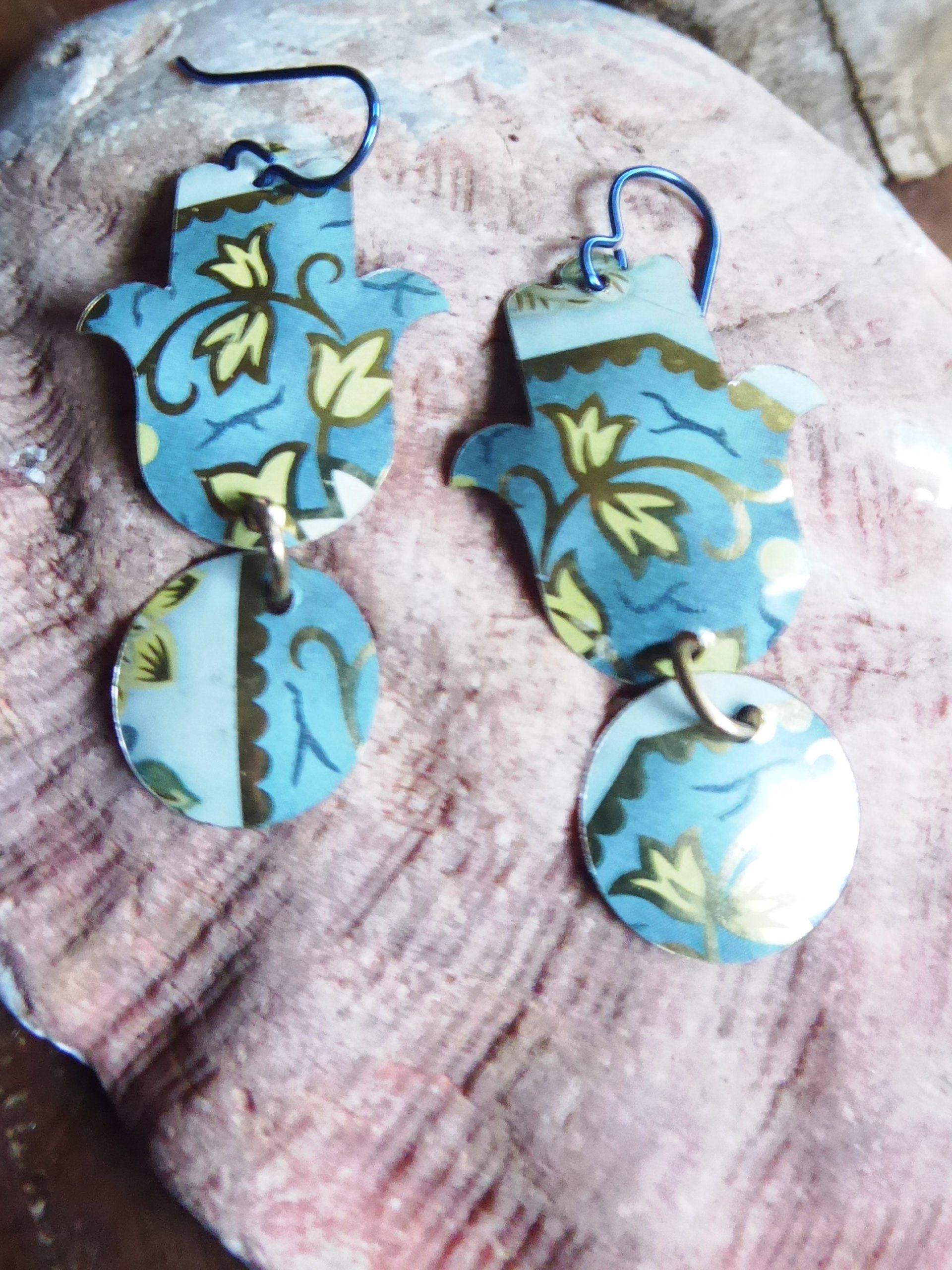 Hamsa dangle earrings from recycled tea tin with niobium ear wire