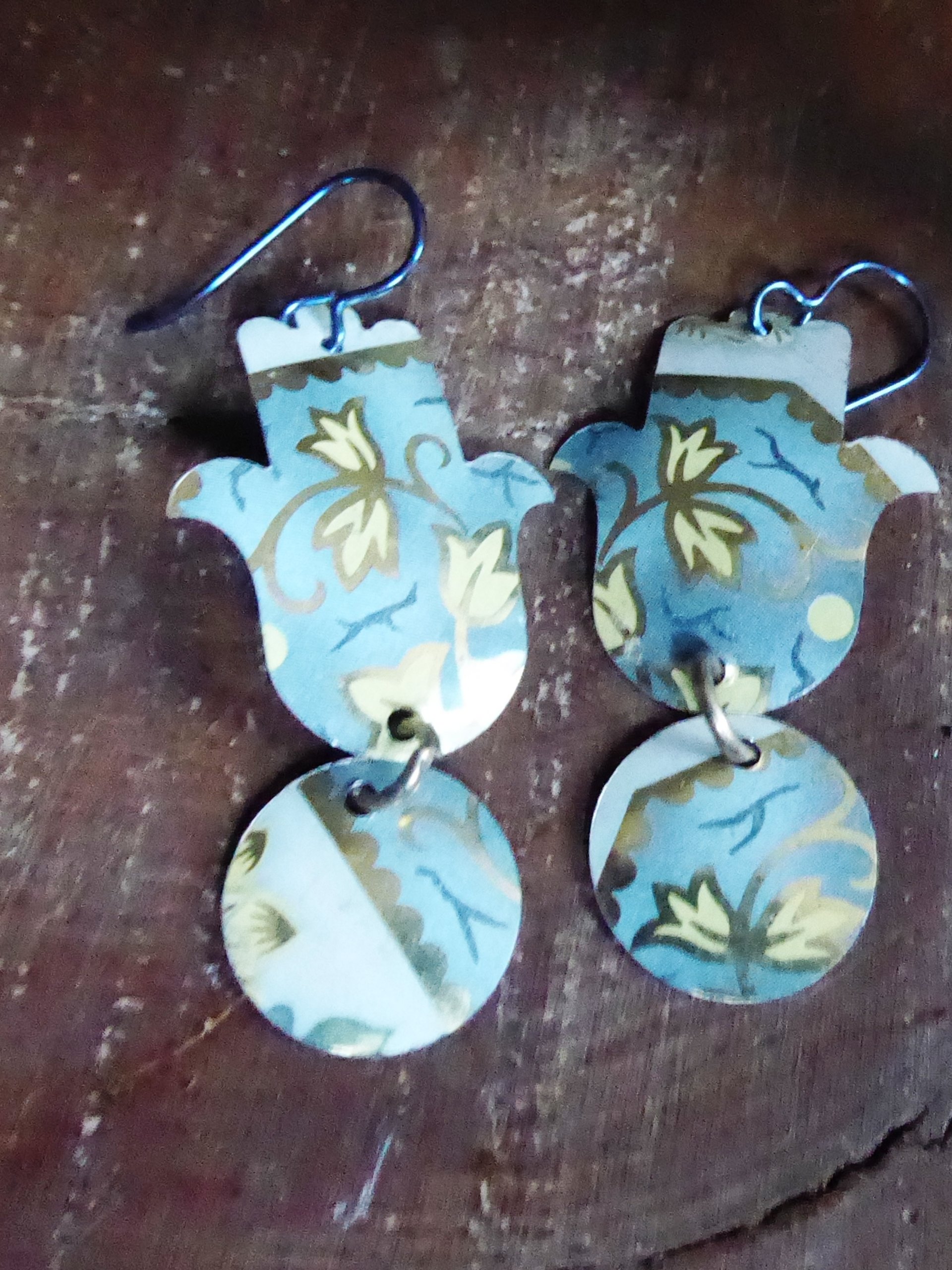 Hamsa dangle earrings from recycled tea tin with niobium ear wire