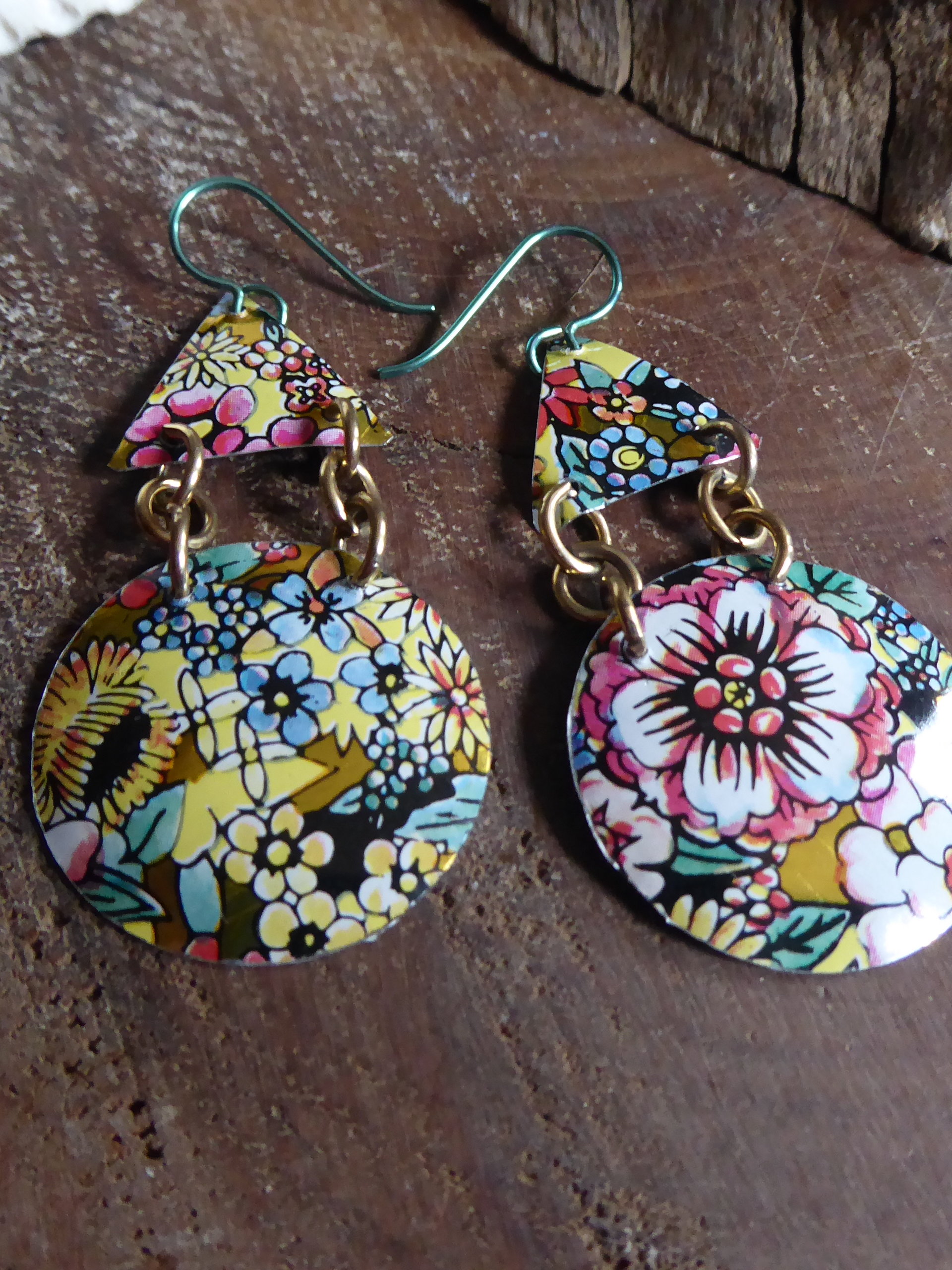Trashy tinsel large statement flower garden upcycled earrings