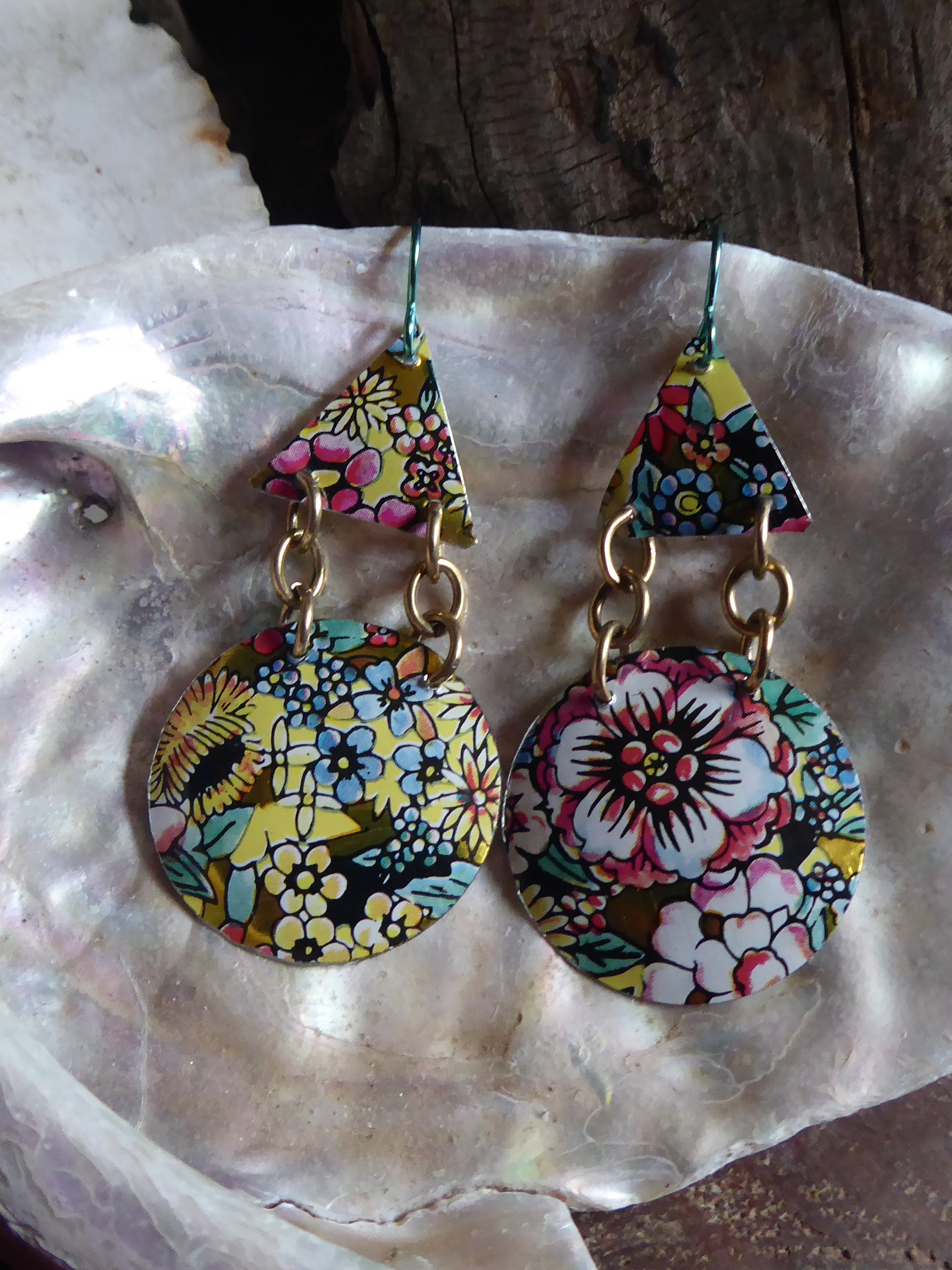 Trashy tinsel large statement flower garden upcycled earrings