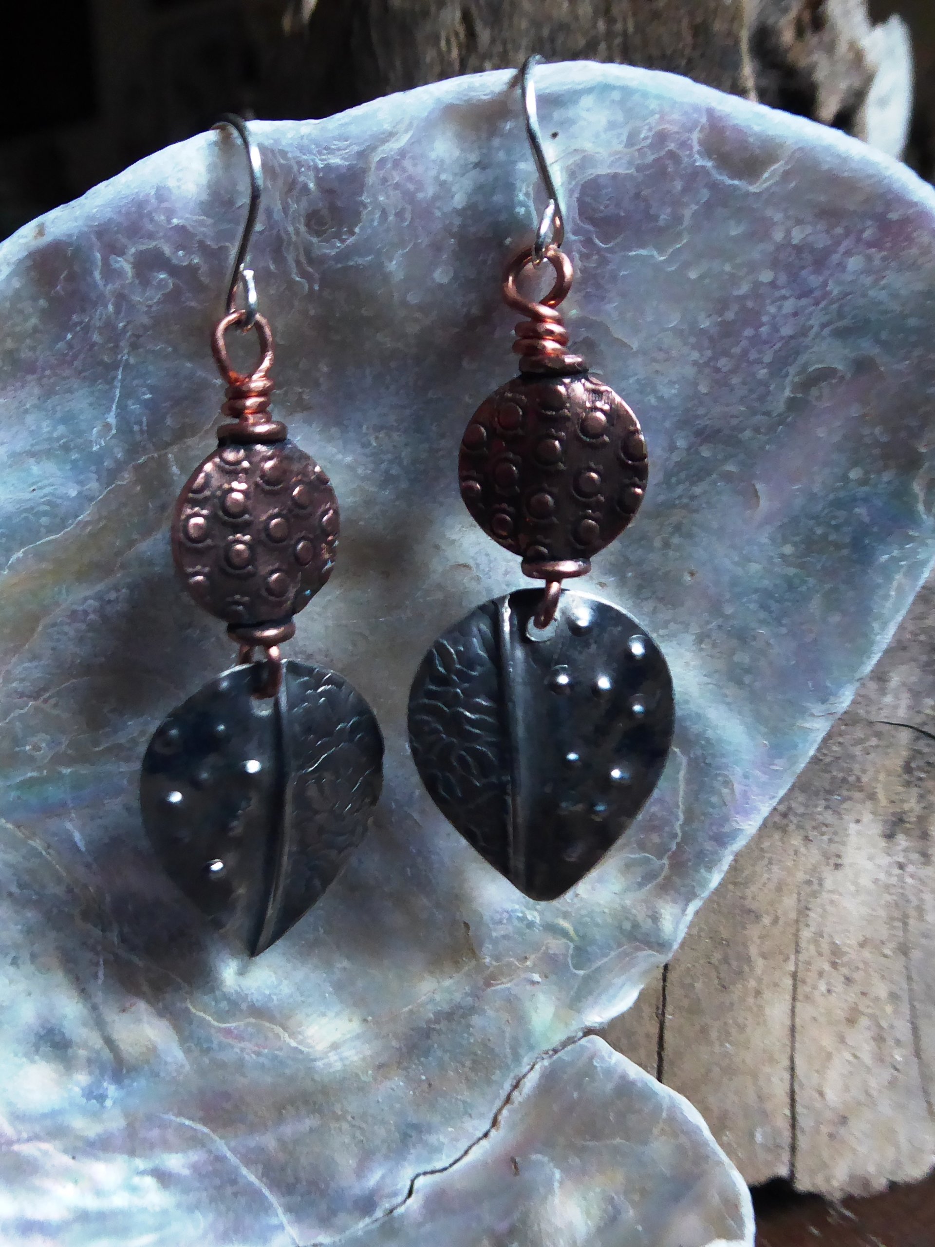 Mixed metal fold form dangle leaf earrings