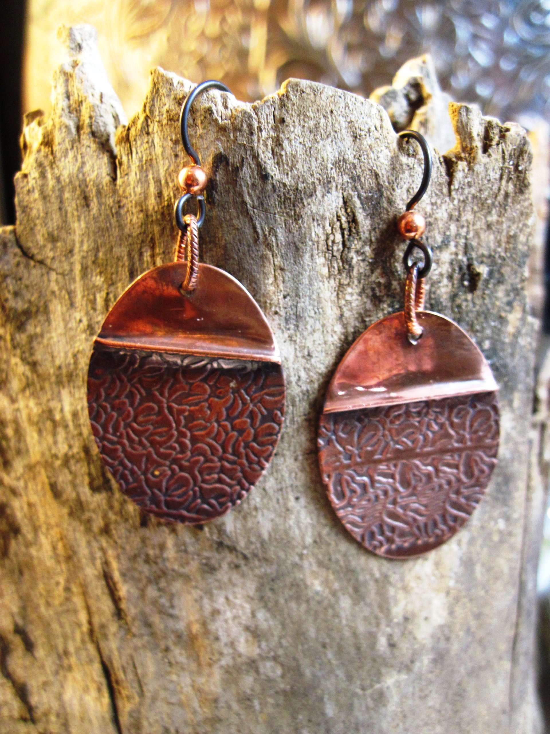 Tribal copper forged foldform boho gypsy hippie dangle oval earrings Cancel