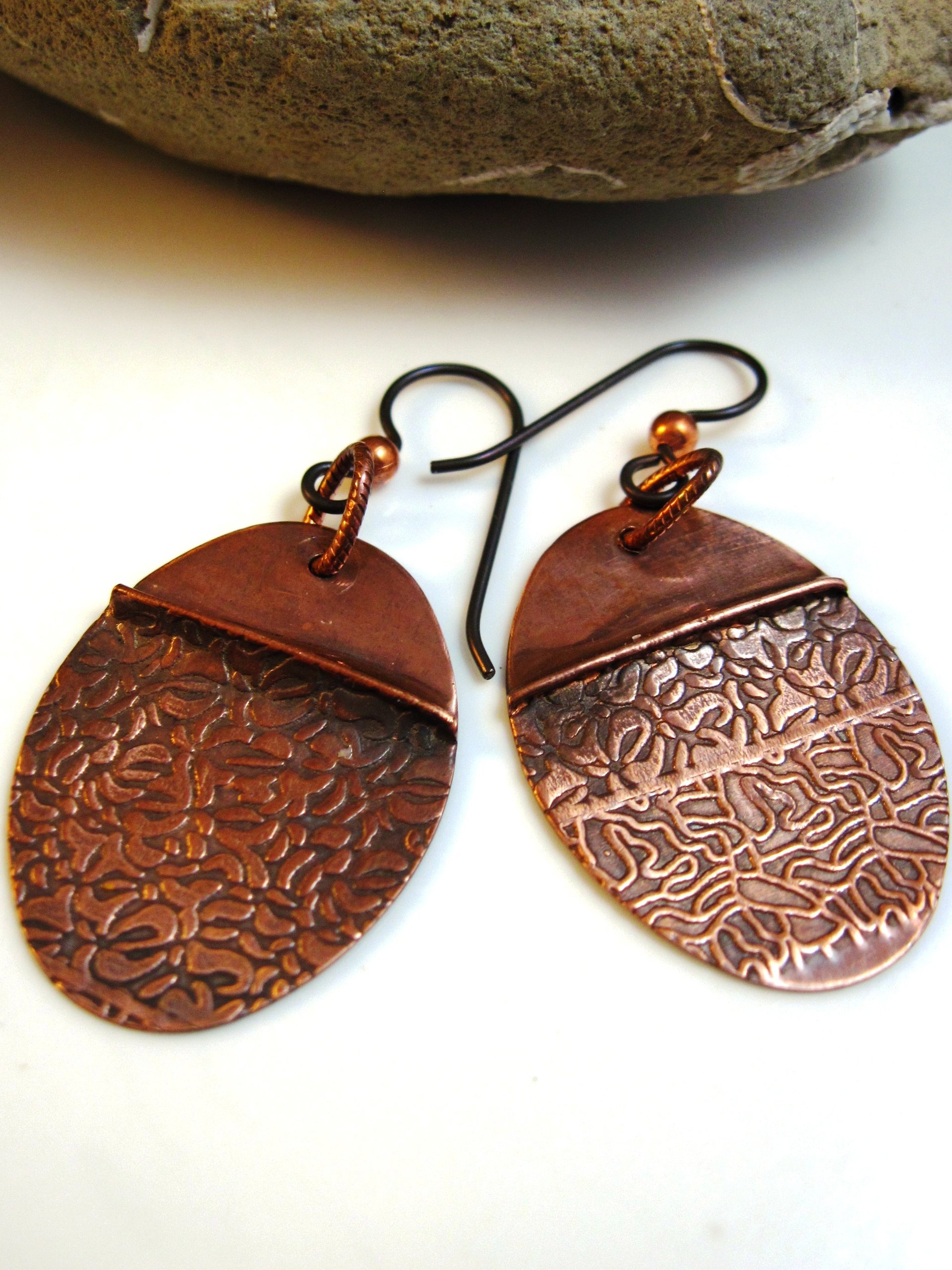 Tribal copper forged foldform boho gypsy hippie dangle oval earrings Cancel