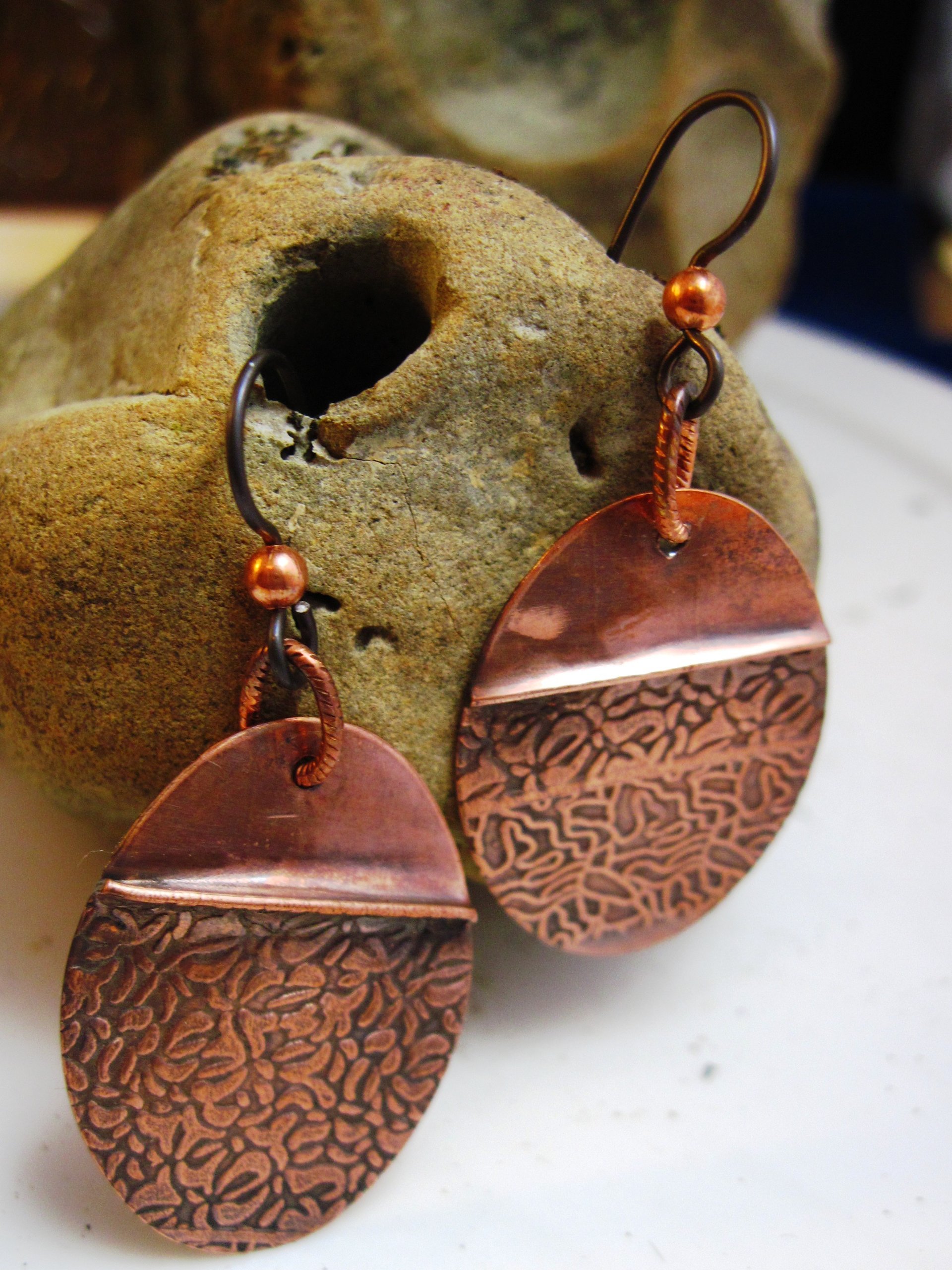 Tribal copper forged foldform boho gypsy hippie dangle oval earrings Cancel