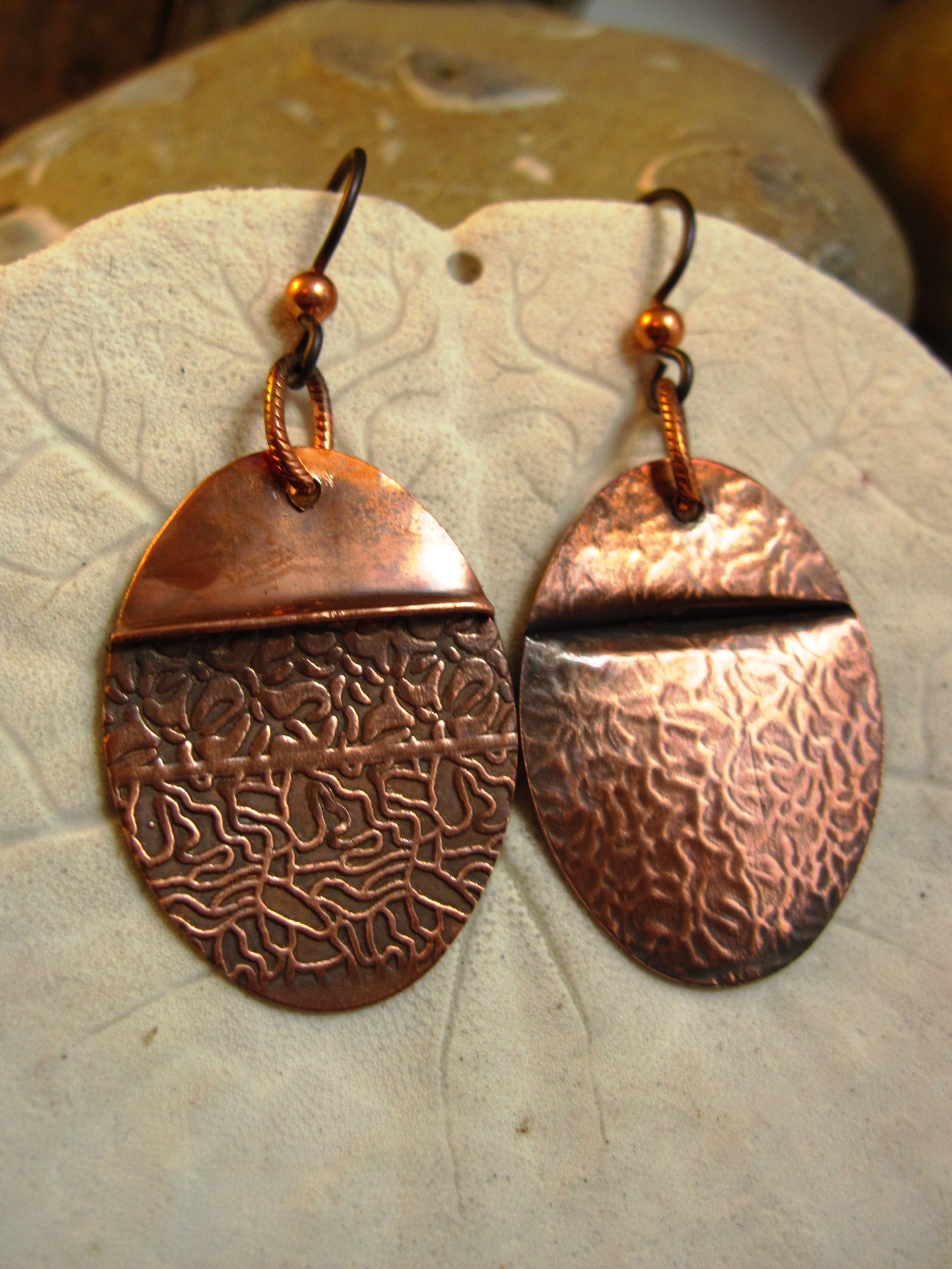 Tribal copper forged foldform boho gypsy hippie dangle oval earrings Cancel