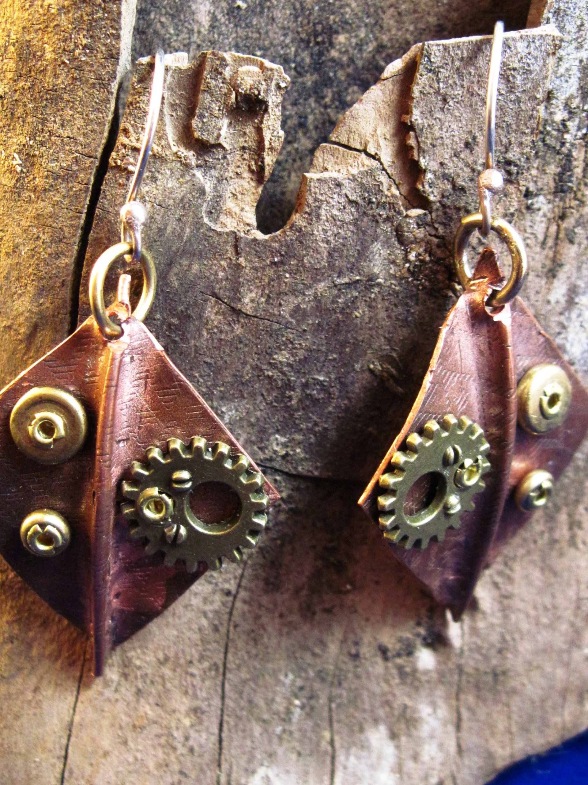 Recycled copper foldform steampunk large dangle diamond shape earring