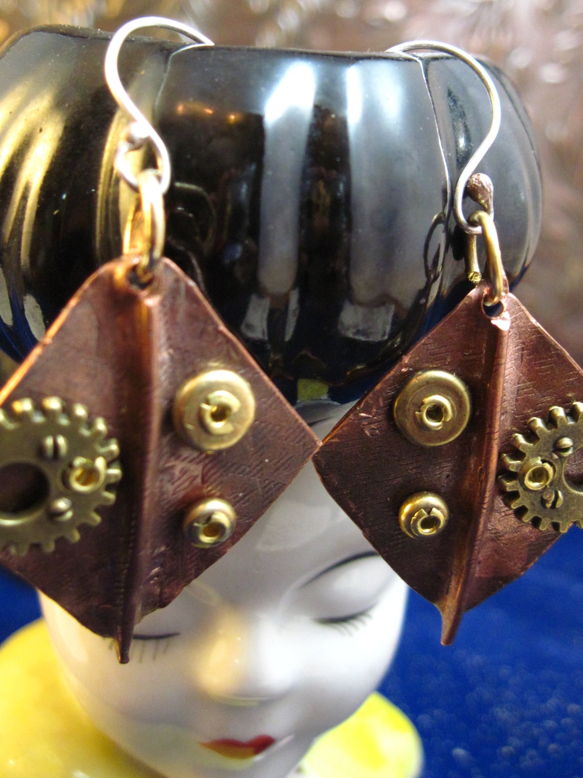 Recycled copper foldform steampunk large dangle diamond shape earring