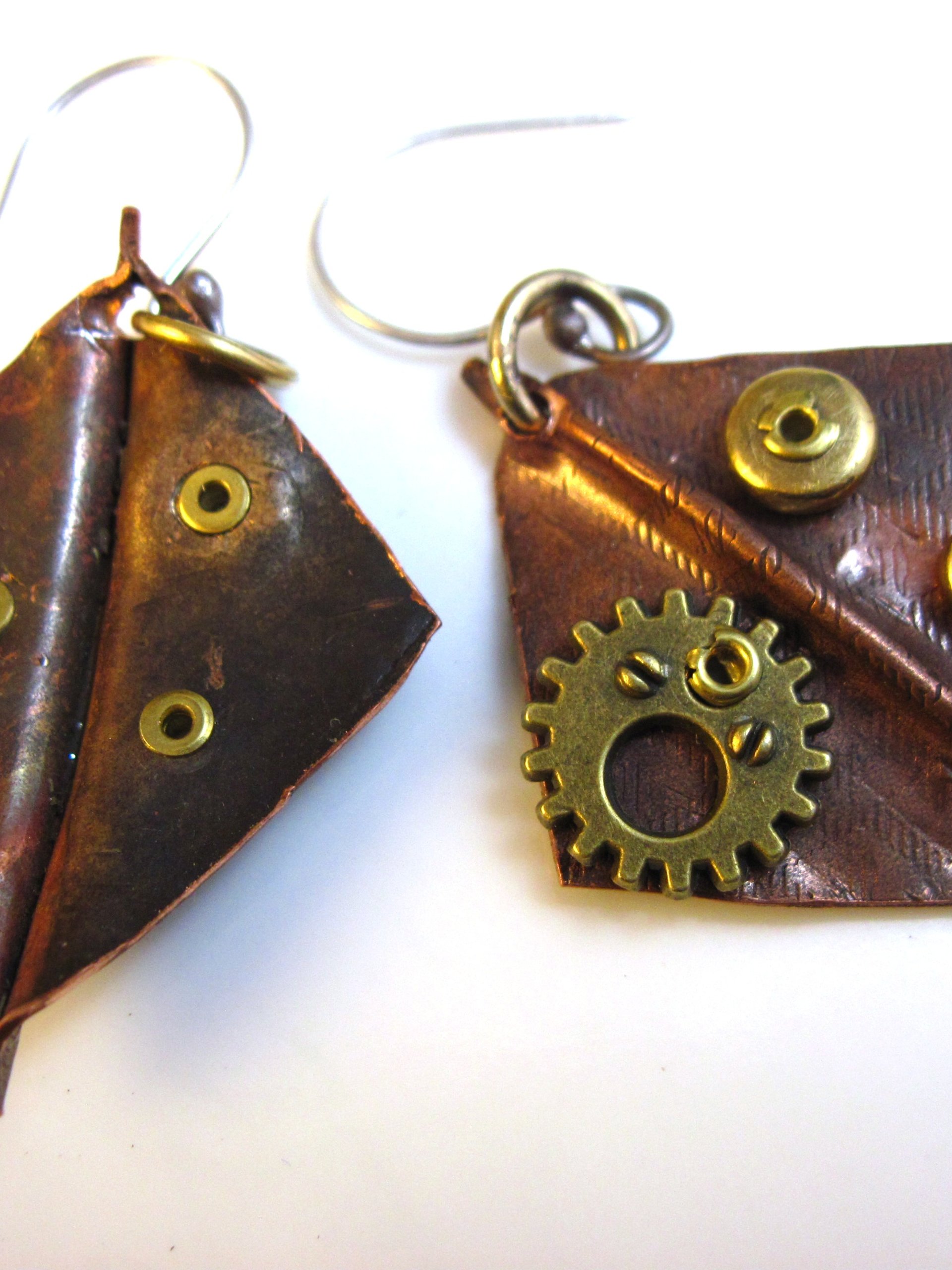 Recycled copper foldform steampunk large dangle diamond shape earring