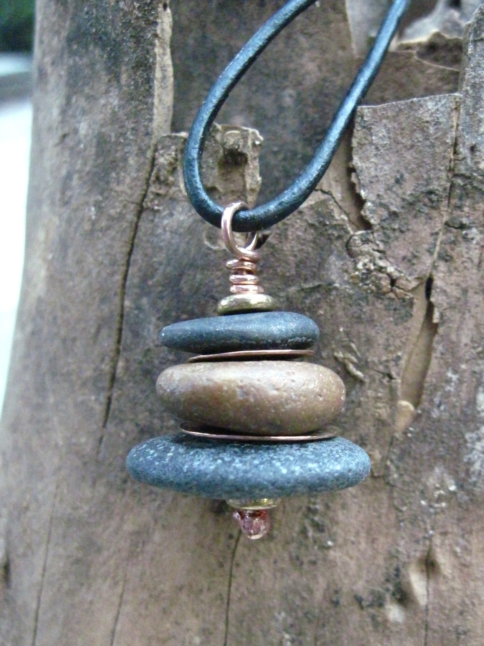 Beach stone stacked rock with copper Om rock cairn zen pendant