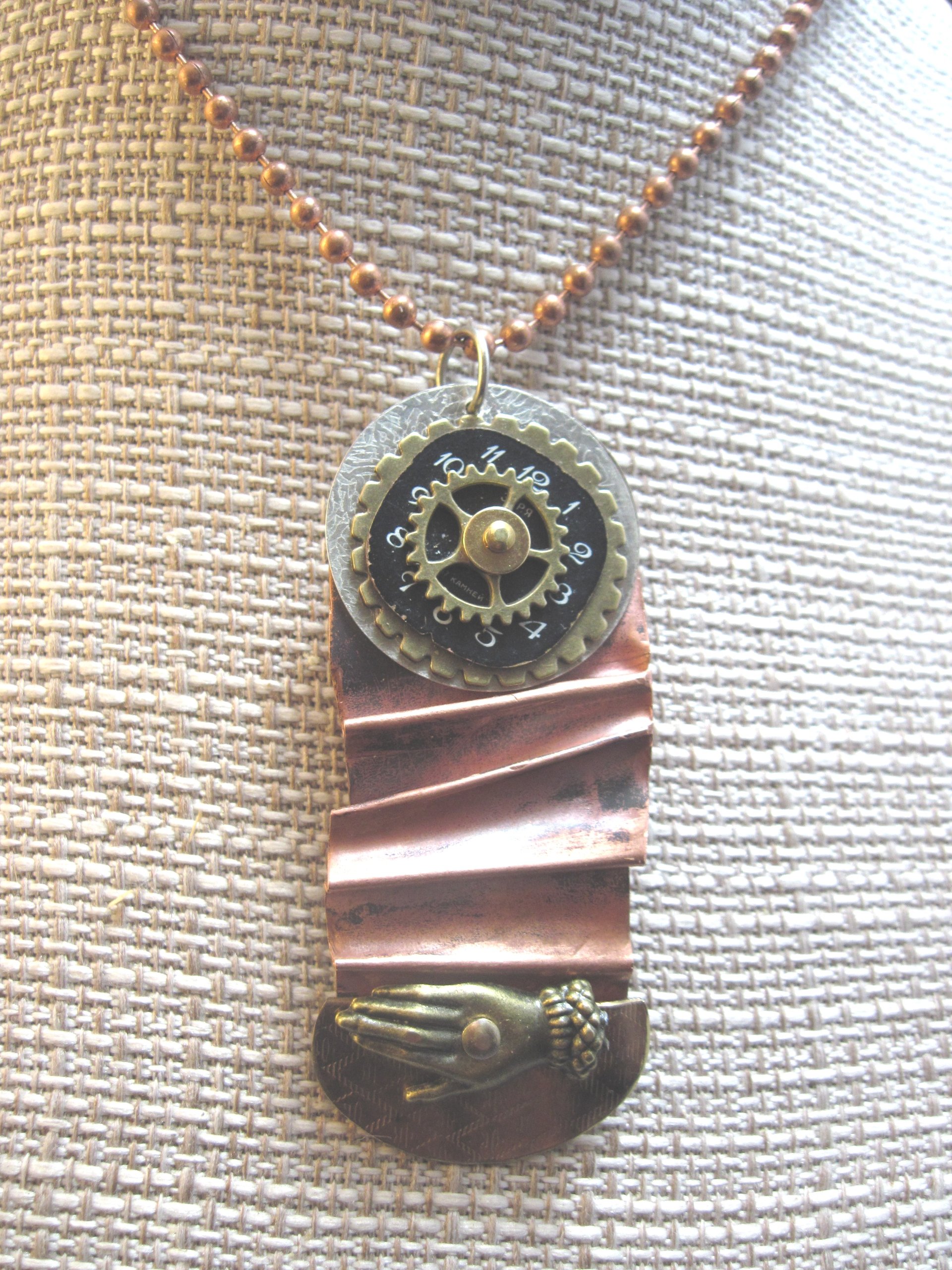 Fold form mixed metal forged funky steampunk pendant