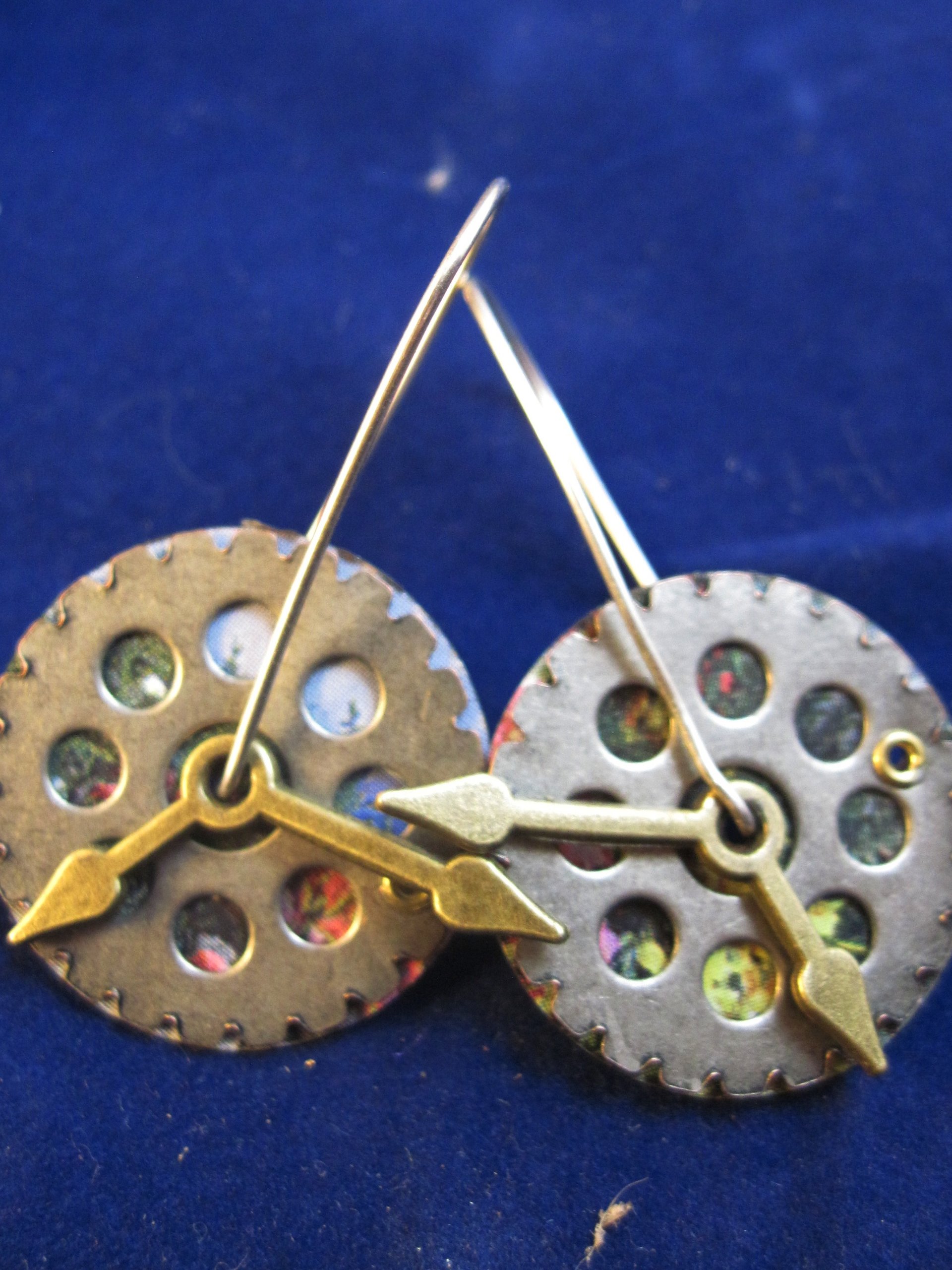 Steampunk clock face geared recycled tin and sterling latch hoop earrings