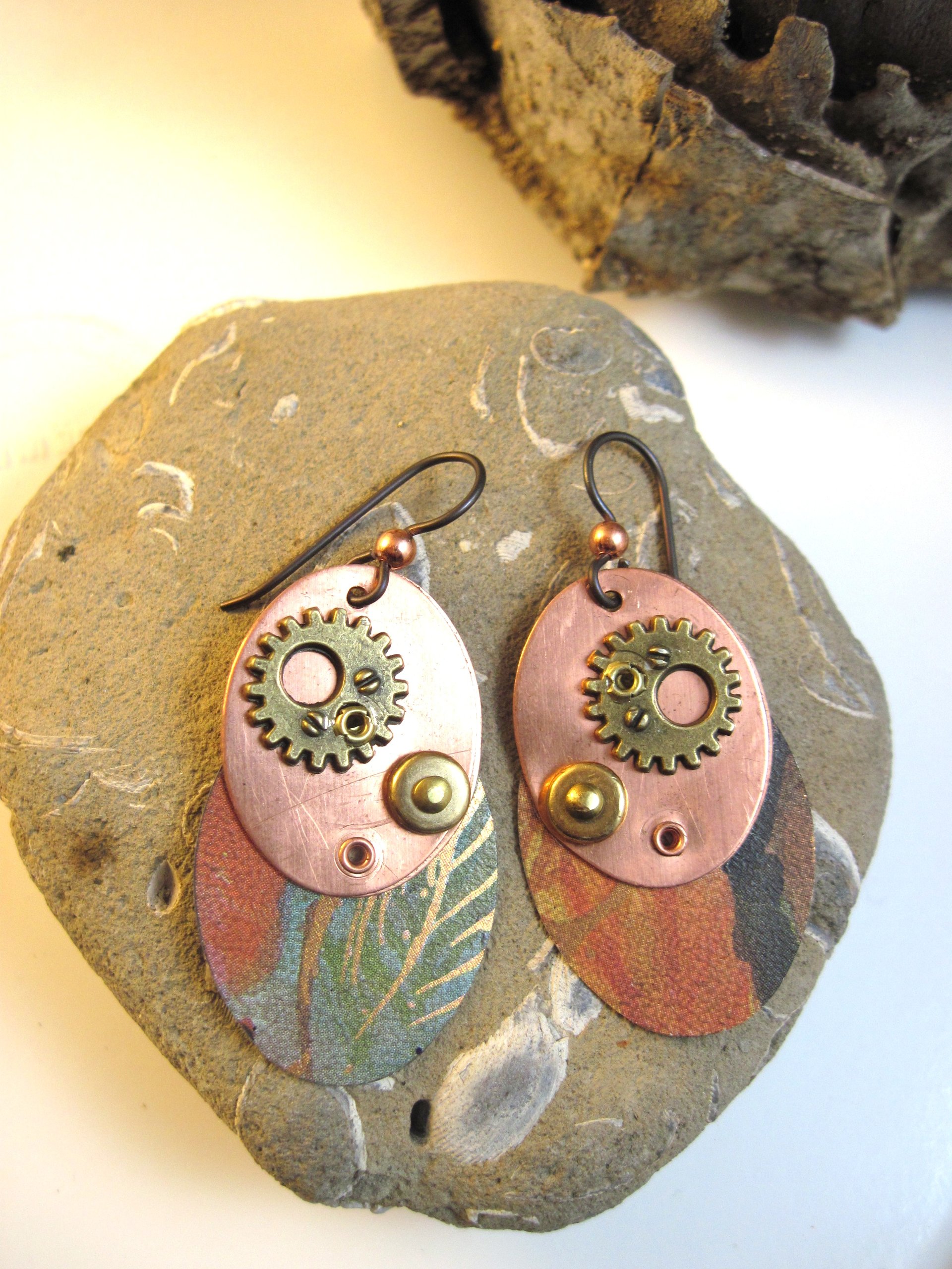 Steampunk mixed metal copper and recycled tin dangle earrings- Trashy Tinsel