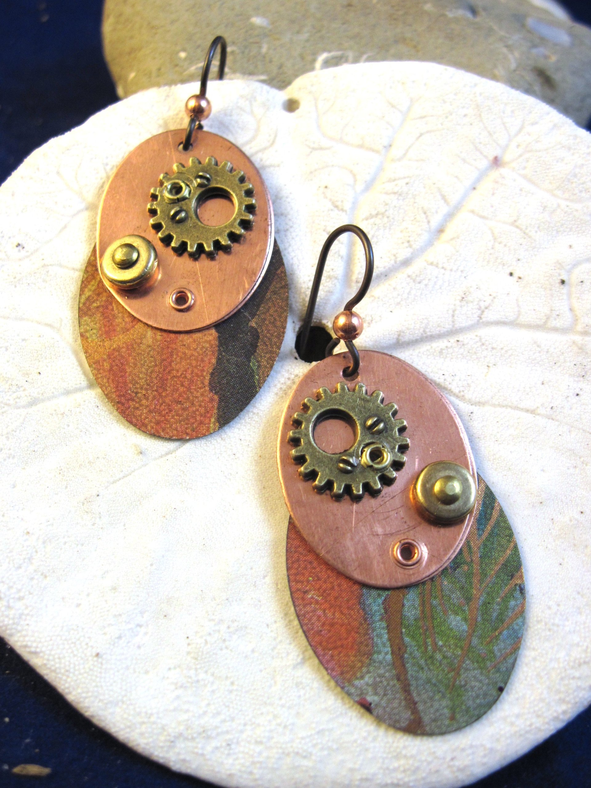 Steampunk mixed metal copper and recycled tin dangle earrings- Trashy Tinsel